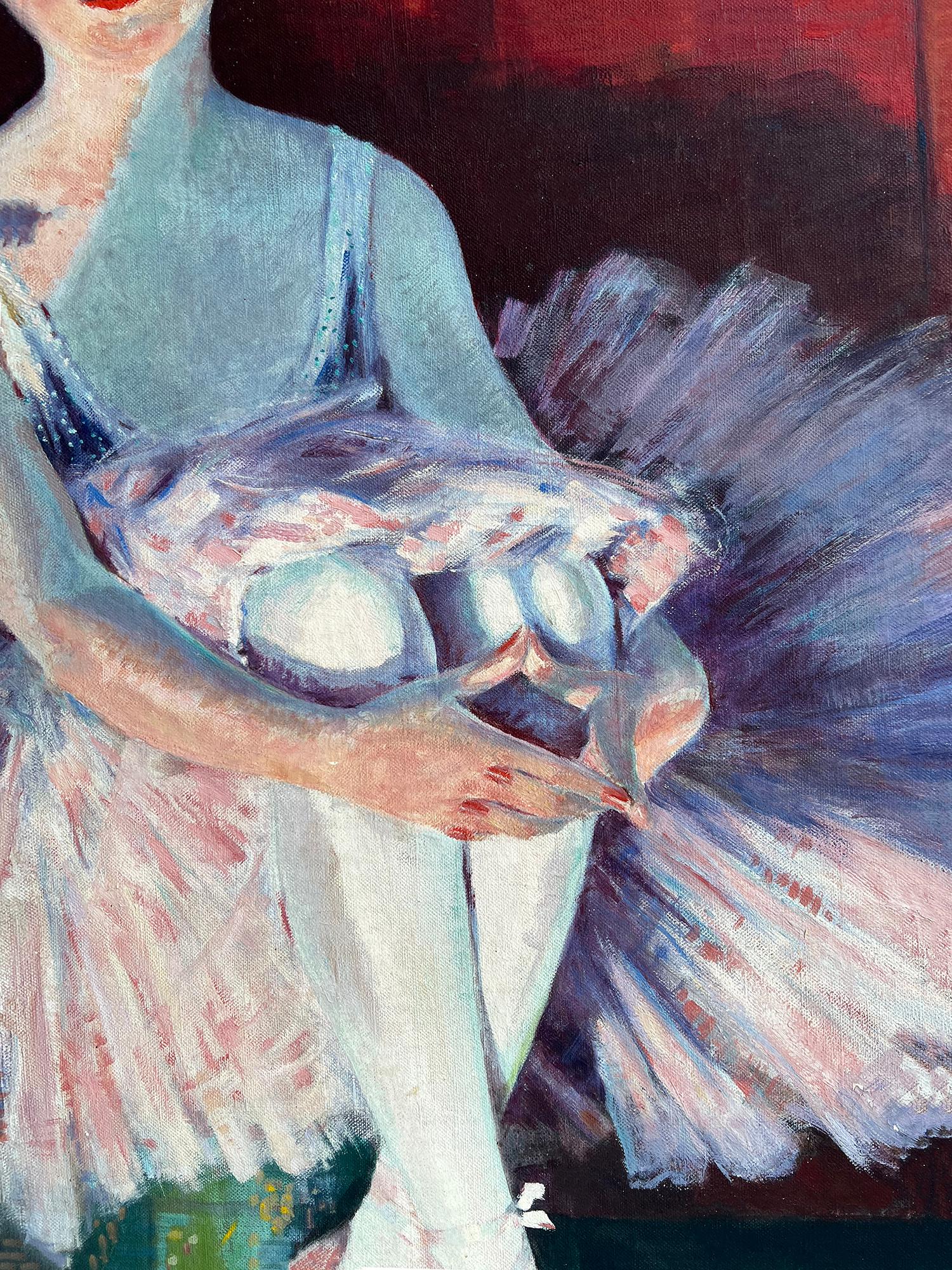 Prolific Saturday Evening Post Cover Illustrator  Pearl L. Hill Worthington paints a stunning portrait of a Ballerina in a tutu with underlighting.  She sits on a decorative Chinese stool with a Chinese screen behind her.  The painting is composed