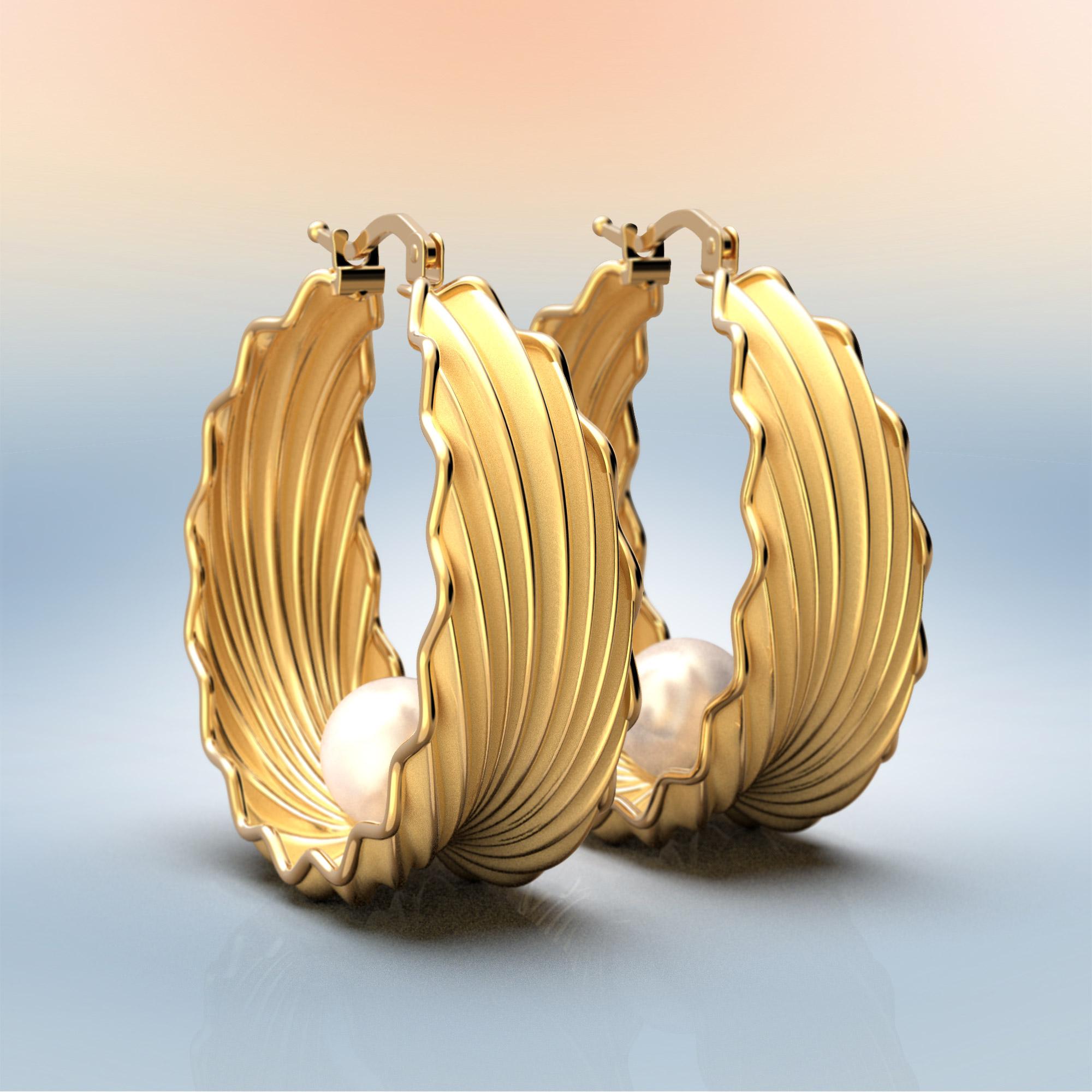 Contemporary Pearl Hoop Earrings Designed and Crafted in Italy in 14k by Oltremare Gioielli  For Sale