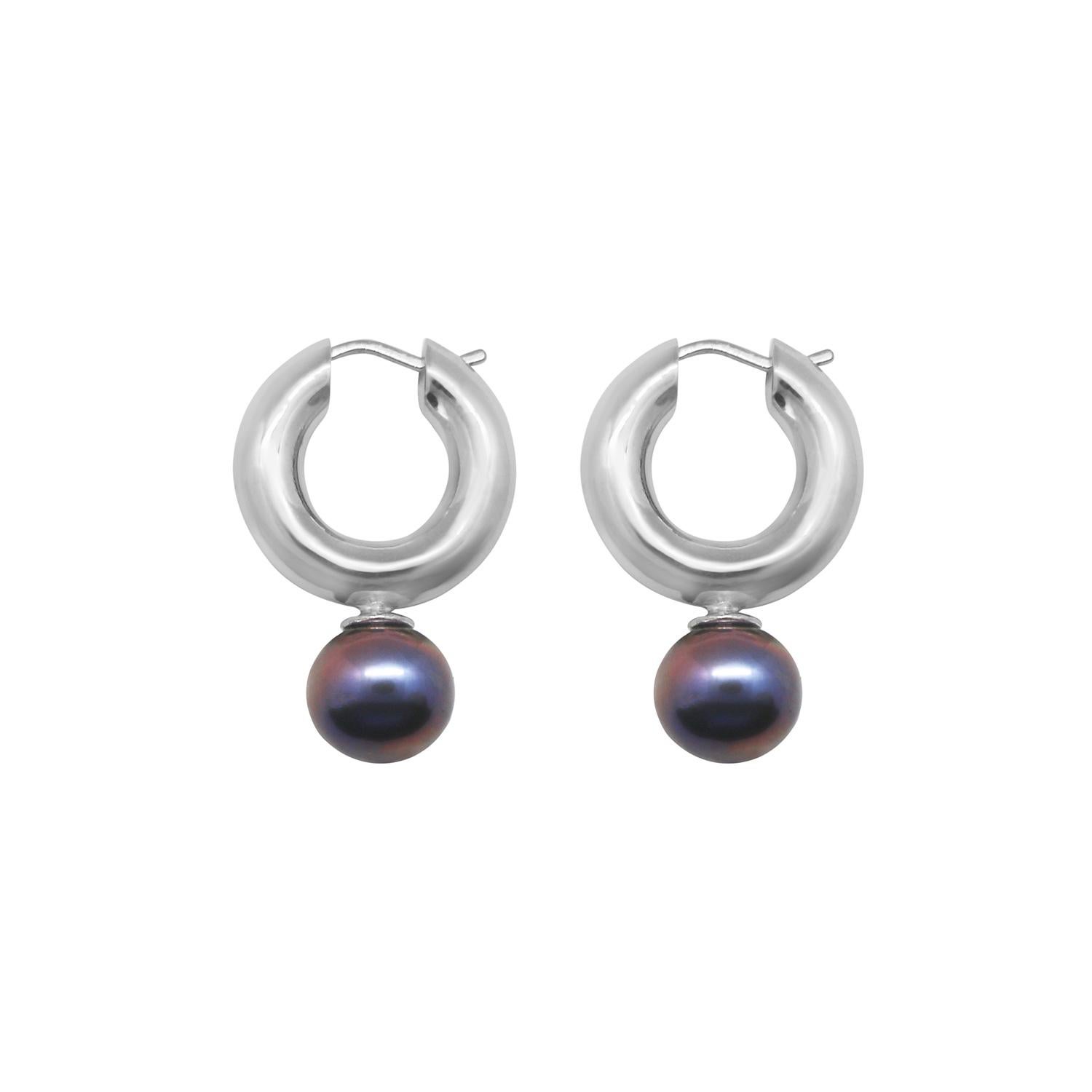 Oval Cut Pearl Hoops In Recycled White Gold For Sale