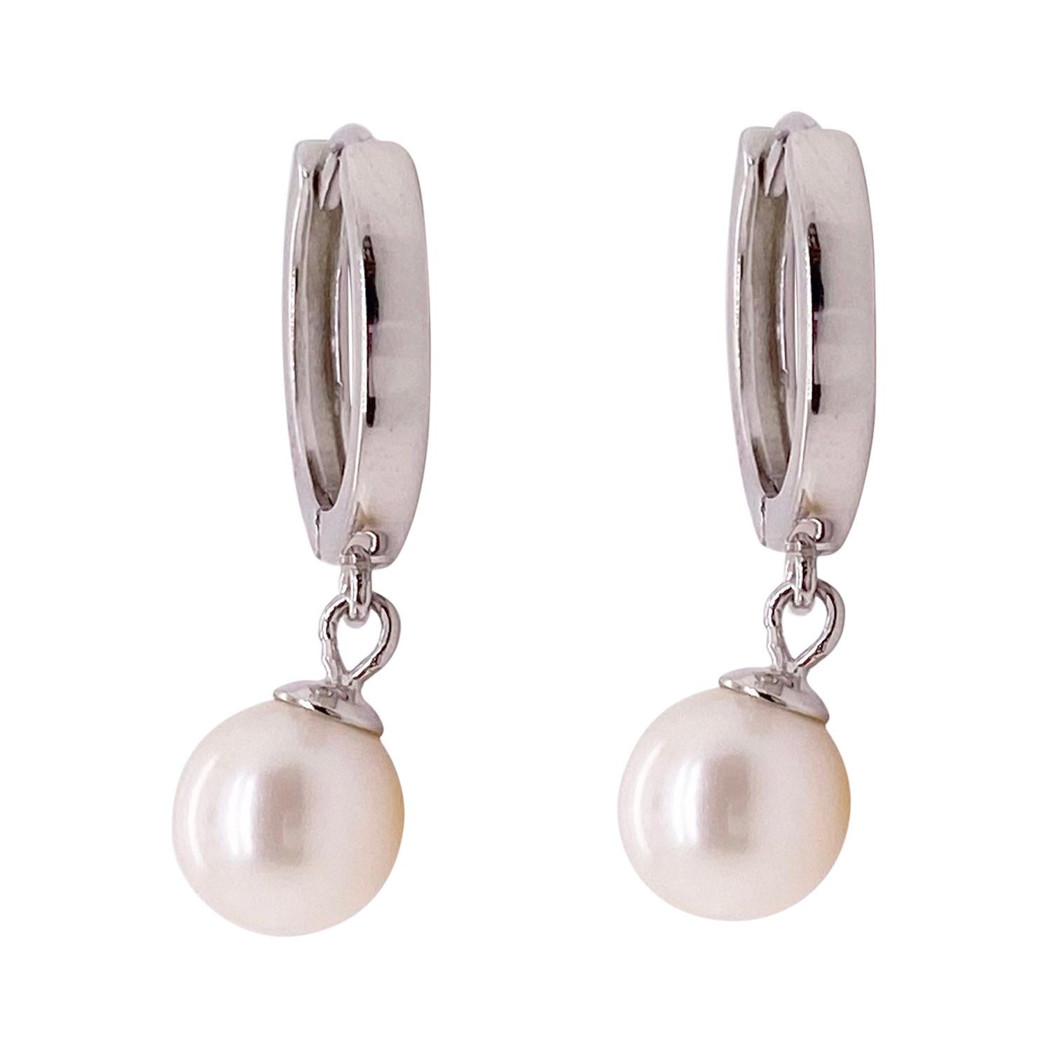 Pearl Huggie Drop Earrings in Sterling Silver, Huggie Dangle Earrings 925 For Sale