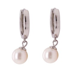 Pearl Huggie Drop Earrings in Sterling Silver, Huggie Dangle Earrings 925