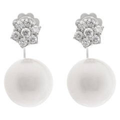 Vintage Pearl in and Out Earrings with Diamonds in 18k White Gold. 0.46 Carats