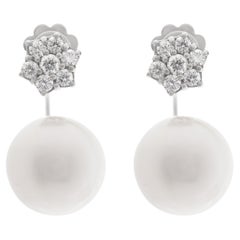 Vintage Pearl in and Out Earrings with Diamonds in 18K White Gold, 0.46 Carats