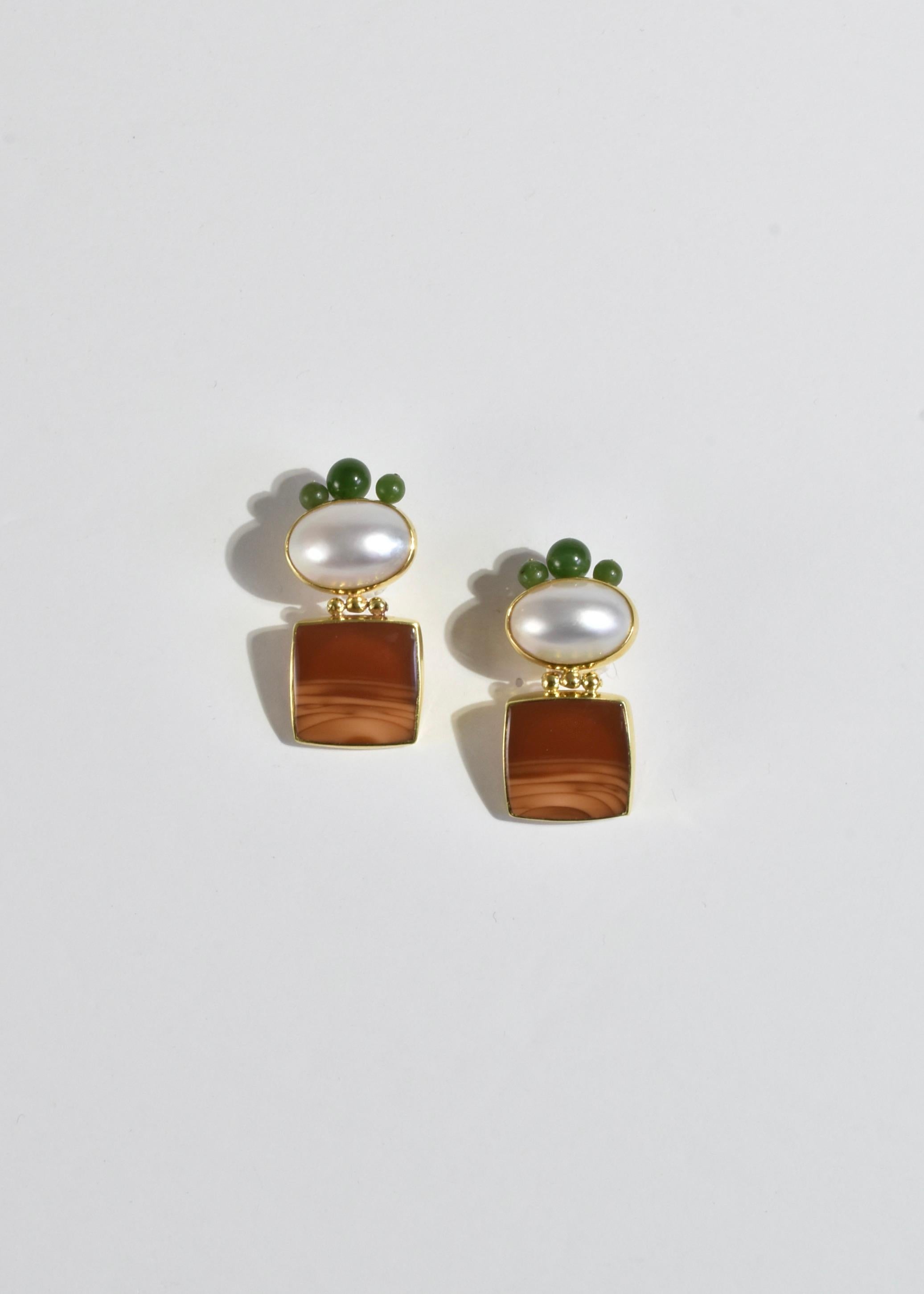 Cabochon Pearl Jade Agate Earrings