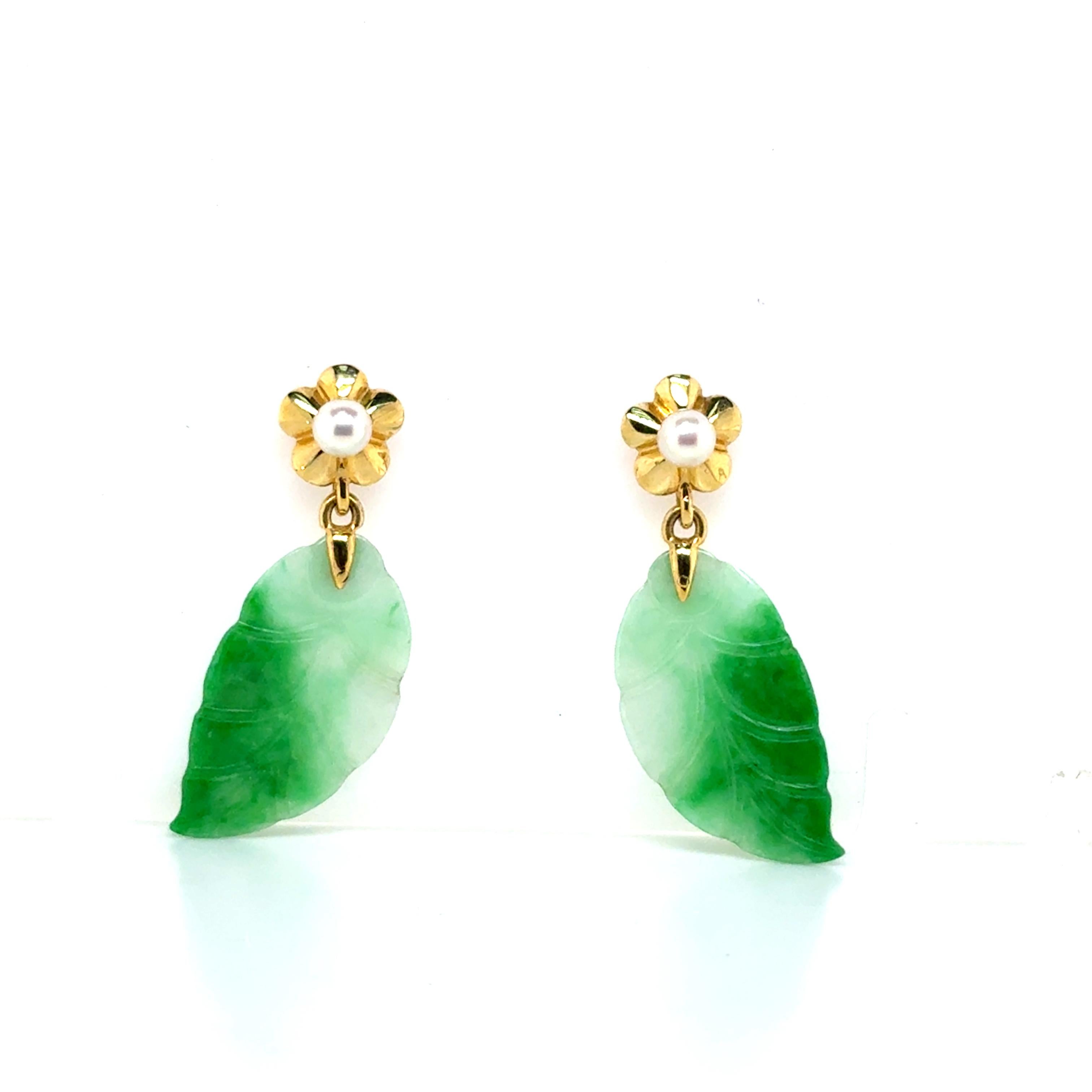 da uomo o donna Orecchini di perle e foglie di giada in vendita