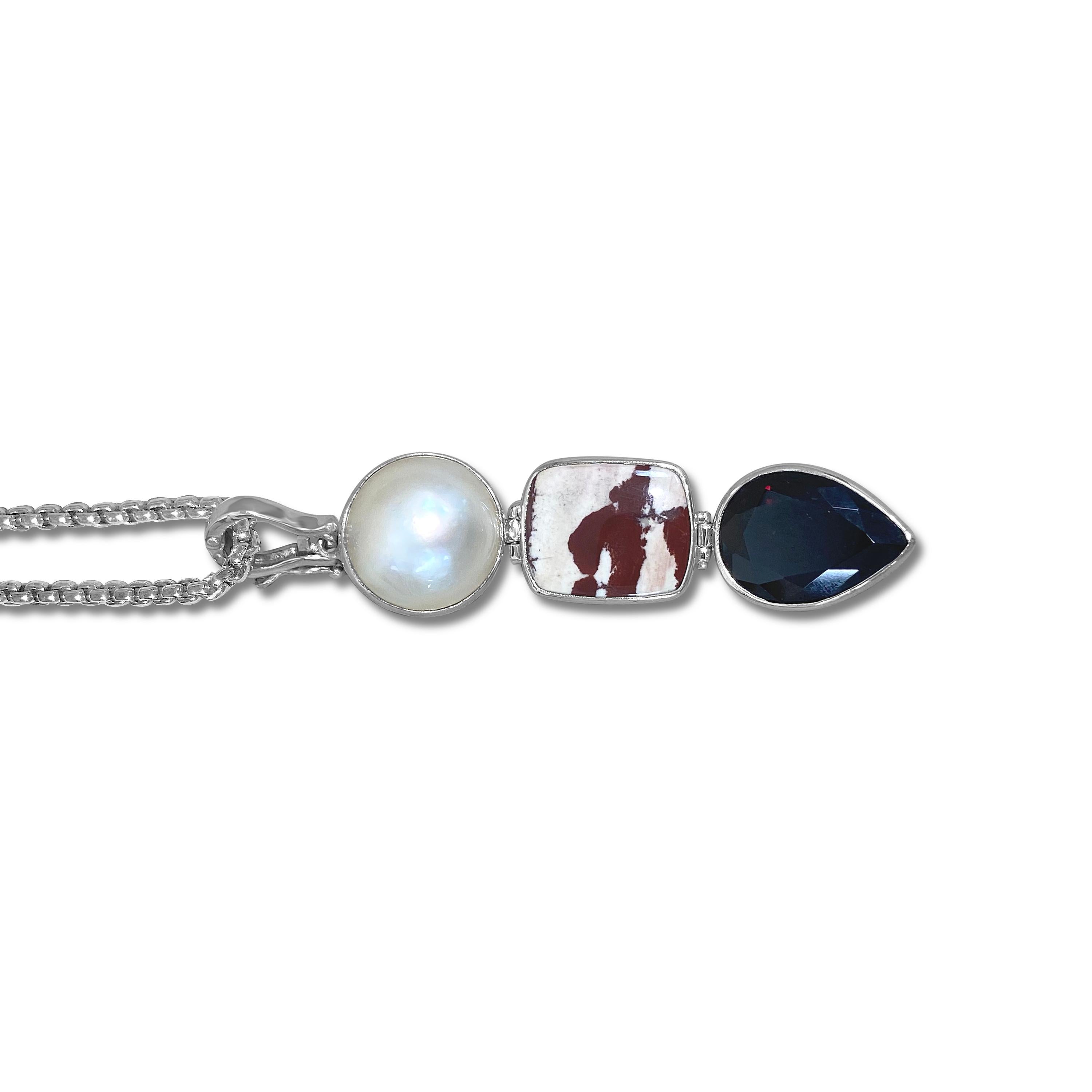 Cabochon Stephen Dweck Pearl, Jasper, and Garnet Pendant on a Sterling Silver Chain