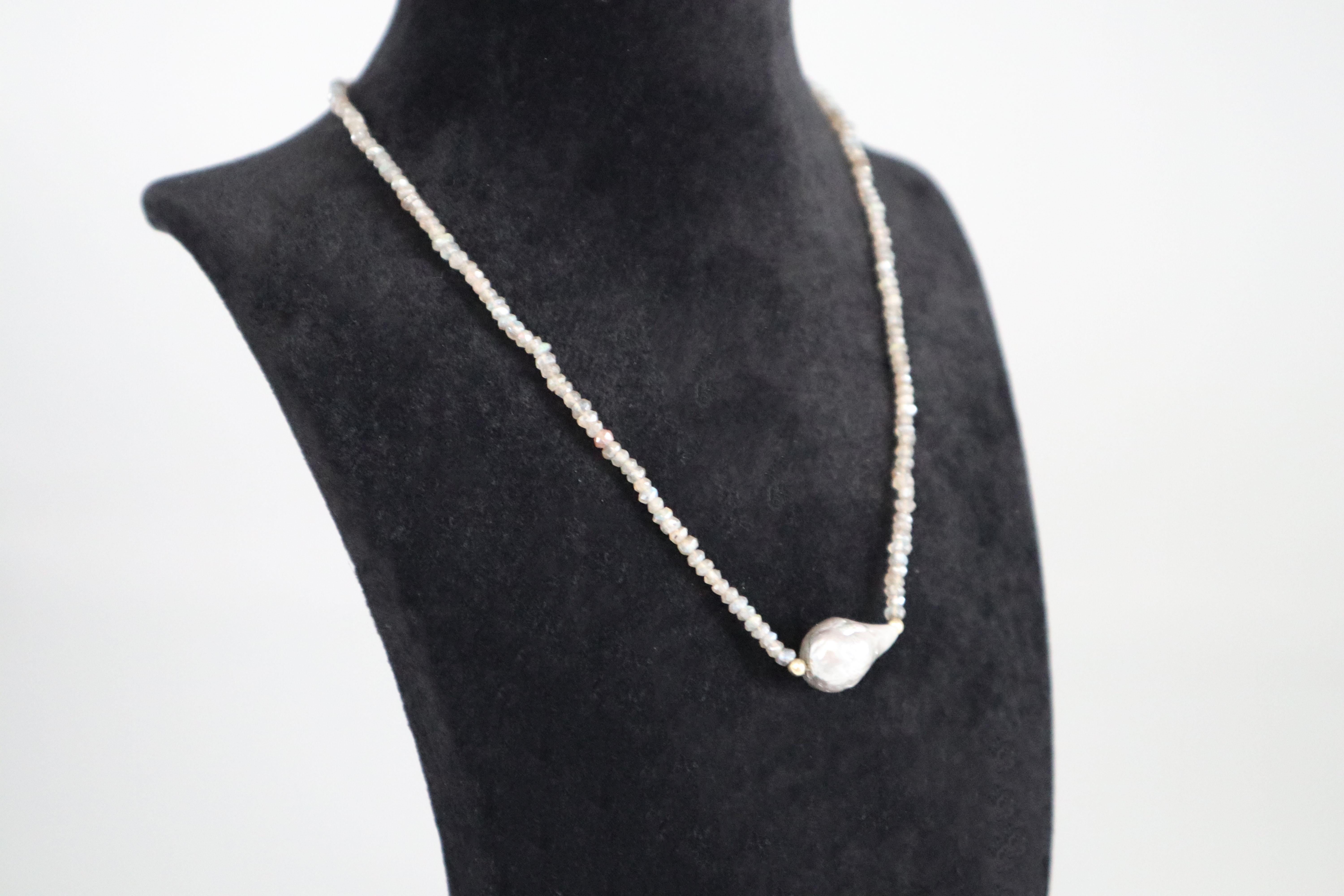 Uncut Pearl Labradorite 14k Gold Necklace For Sale