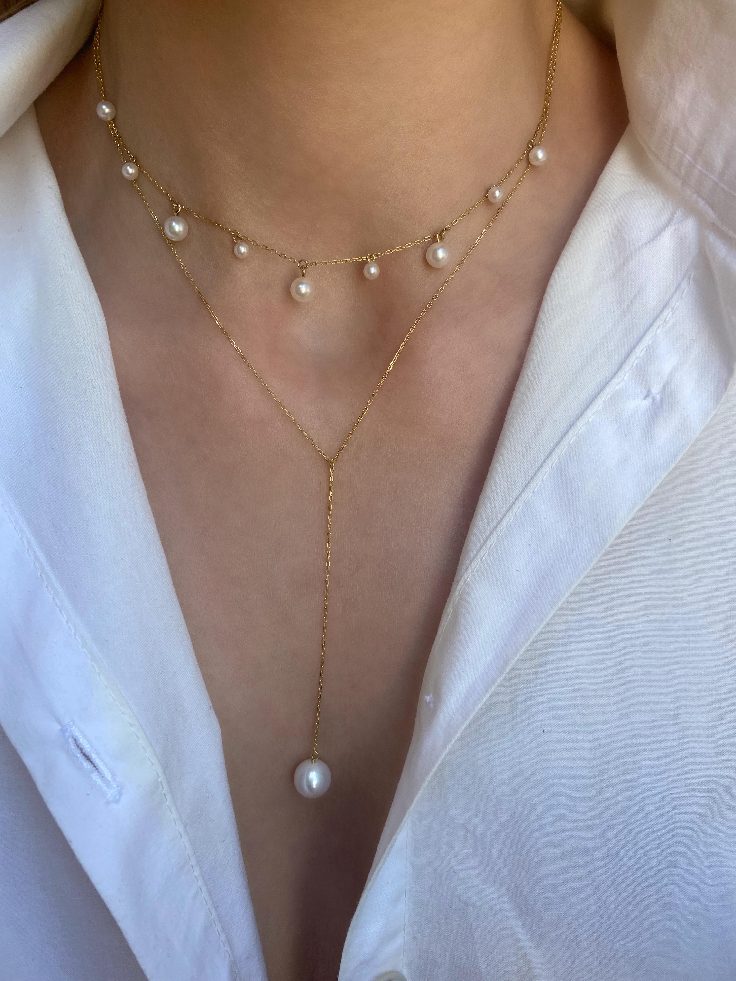 Round Cut Pearl Lariat Chain Necklace For Sale