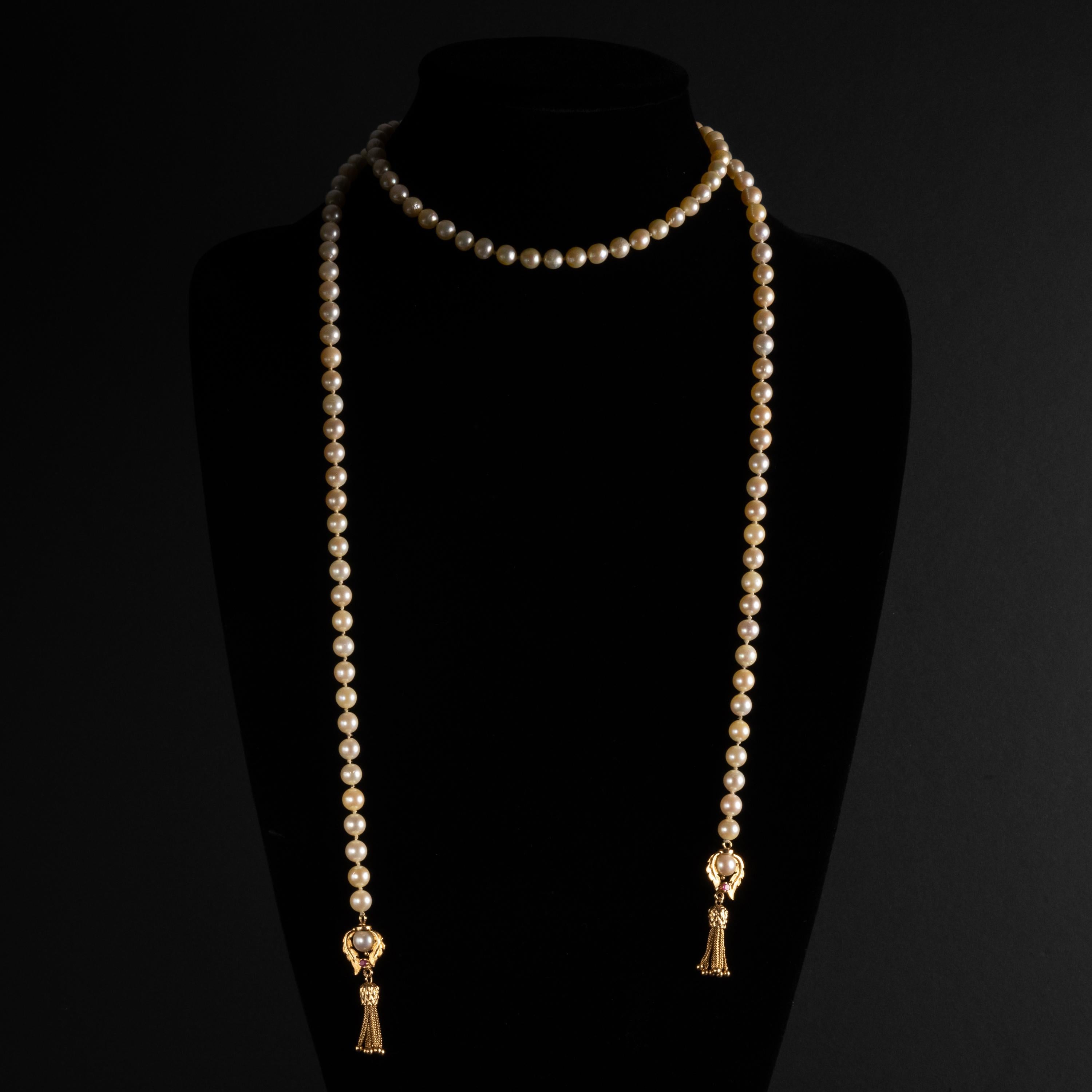 Round Cut Pearl Necklace Lariat with Rubies Circa 1950s