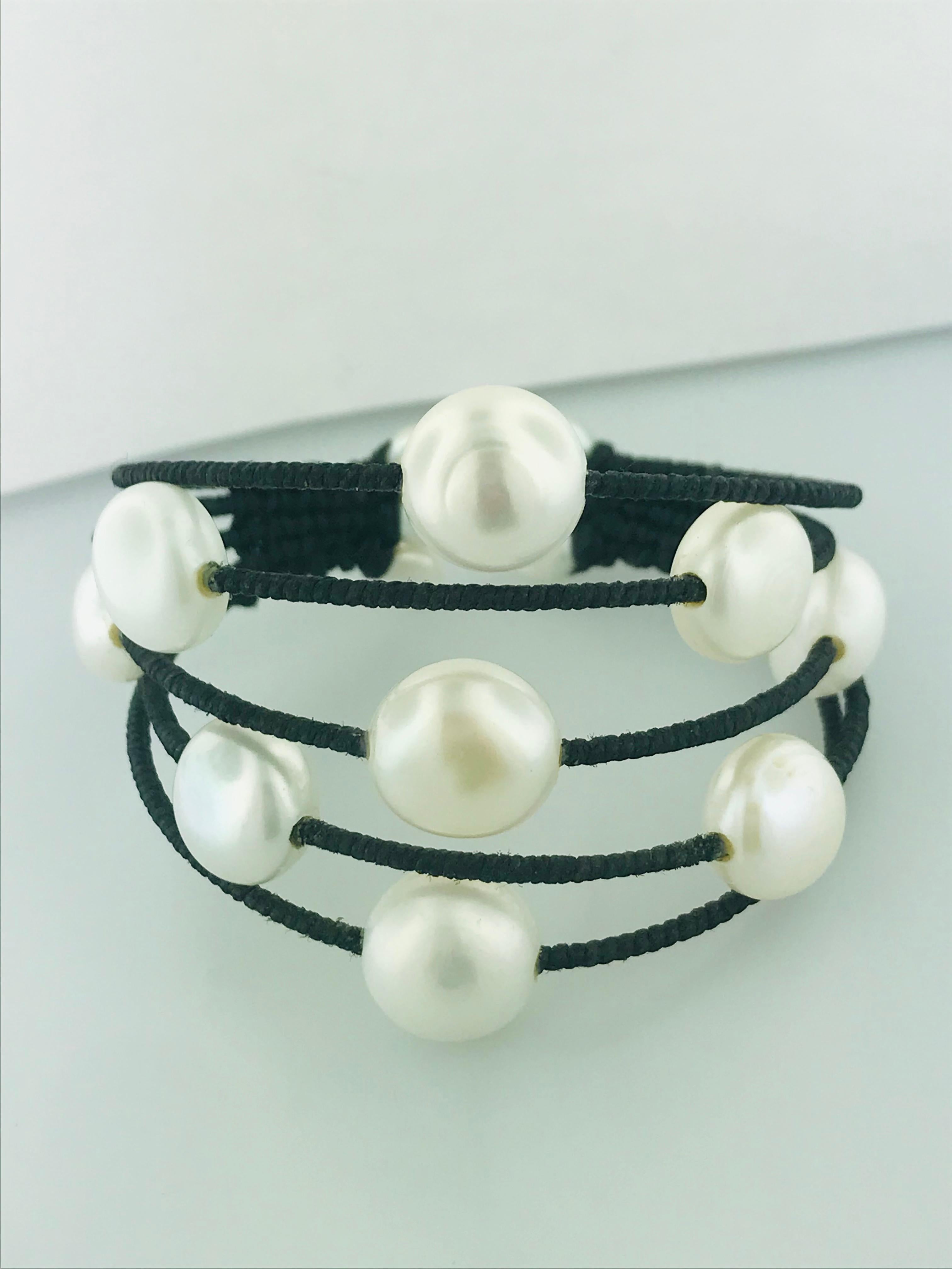 Modernist Pearl Cuff Bracelet, Flexible Edgy Genuine Cultured Pearl Bracelet, Black White
