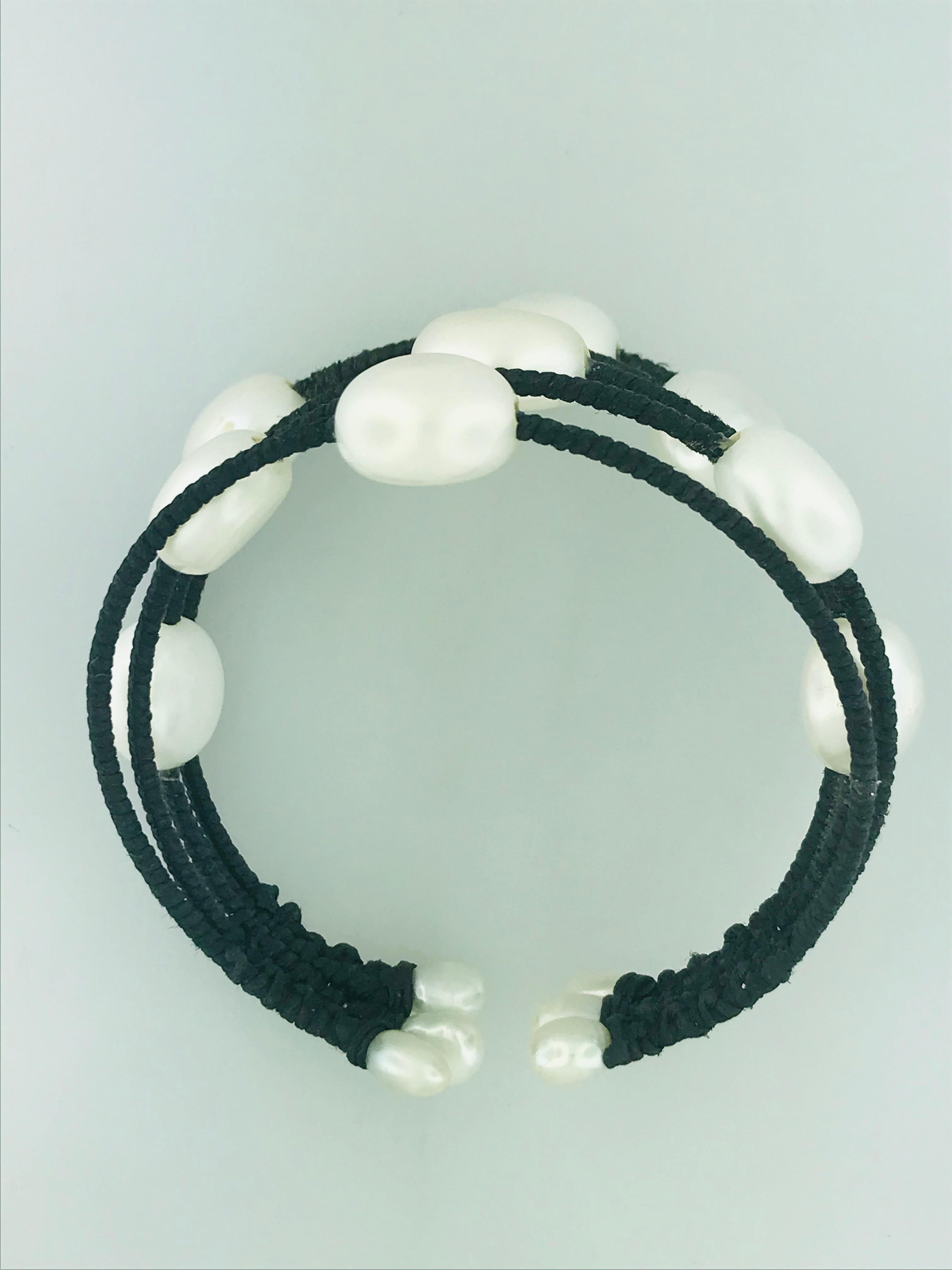 Round Cut Pearl Cuff Bracelet, Flexible Edgy Genuine Cultured Pearl Bracelet, Black White
