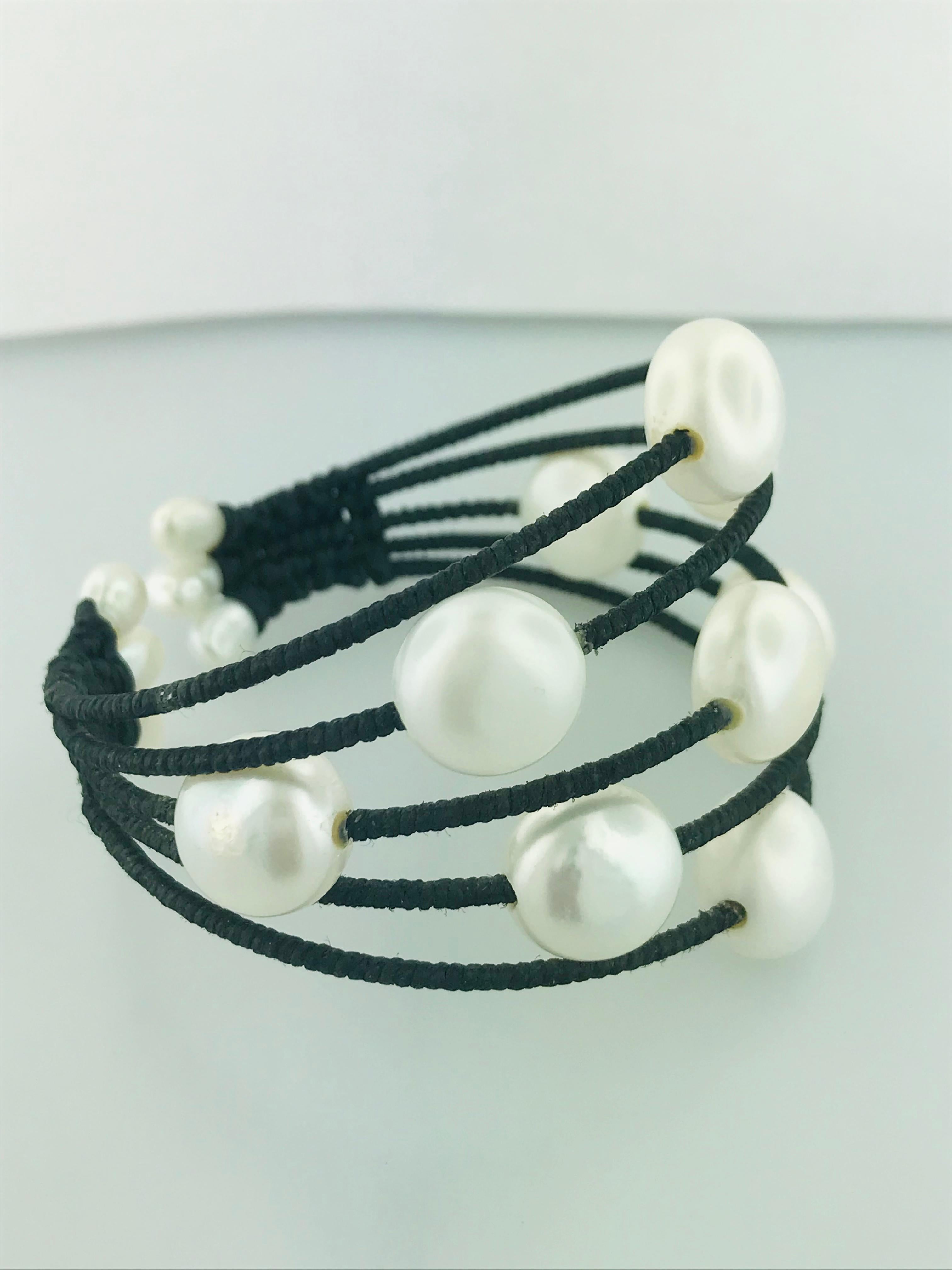 Pearl Cuff Bracelet, Flexible Edgy Genuine Cultured Pearl Bracelet, Black White 1