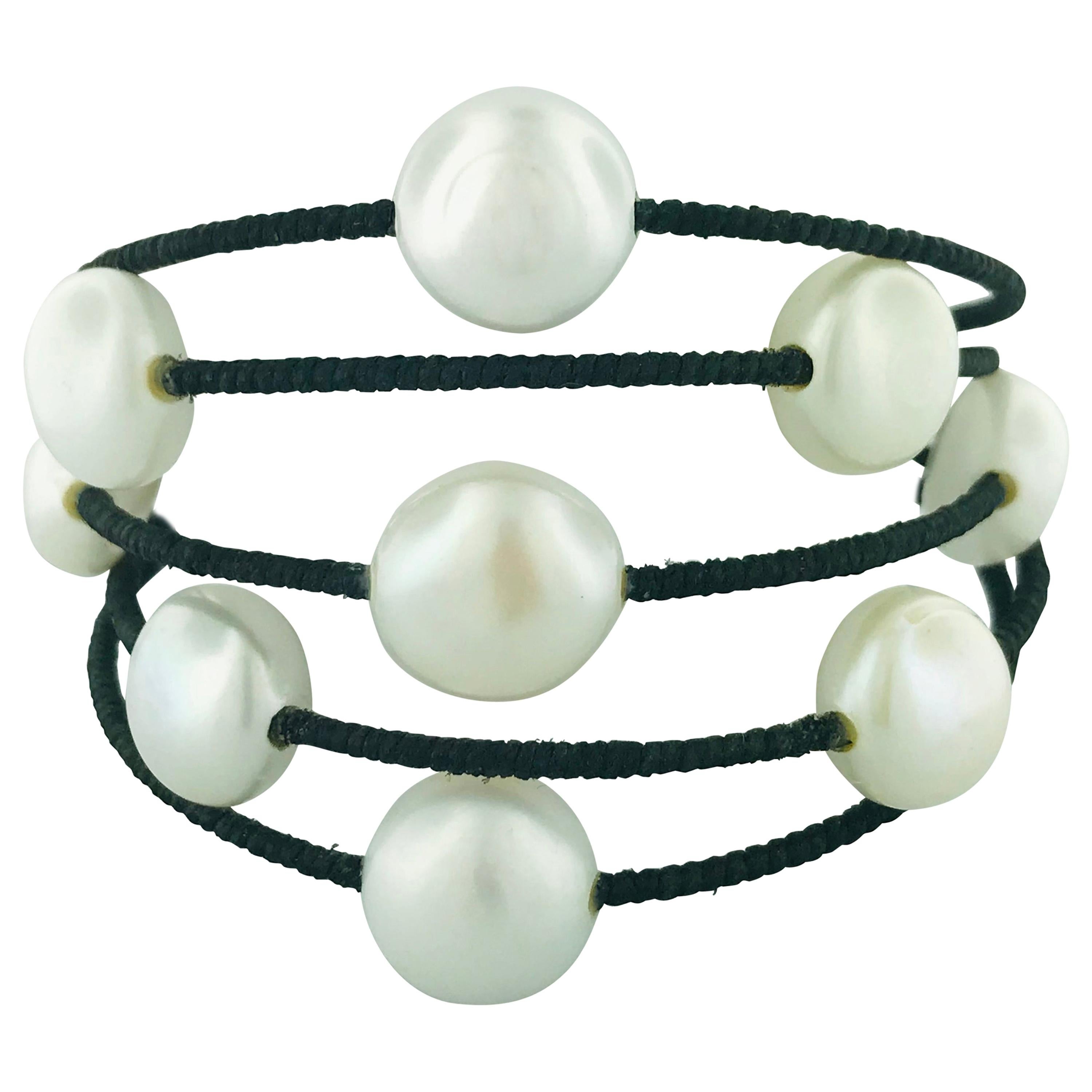 Pearl Cuff Bracelet, Flexible Edgy Genuine Cultured Pearl Bracelet, Black White