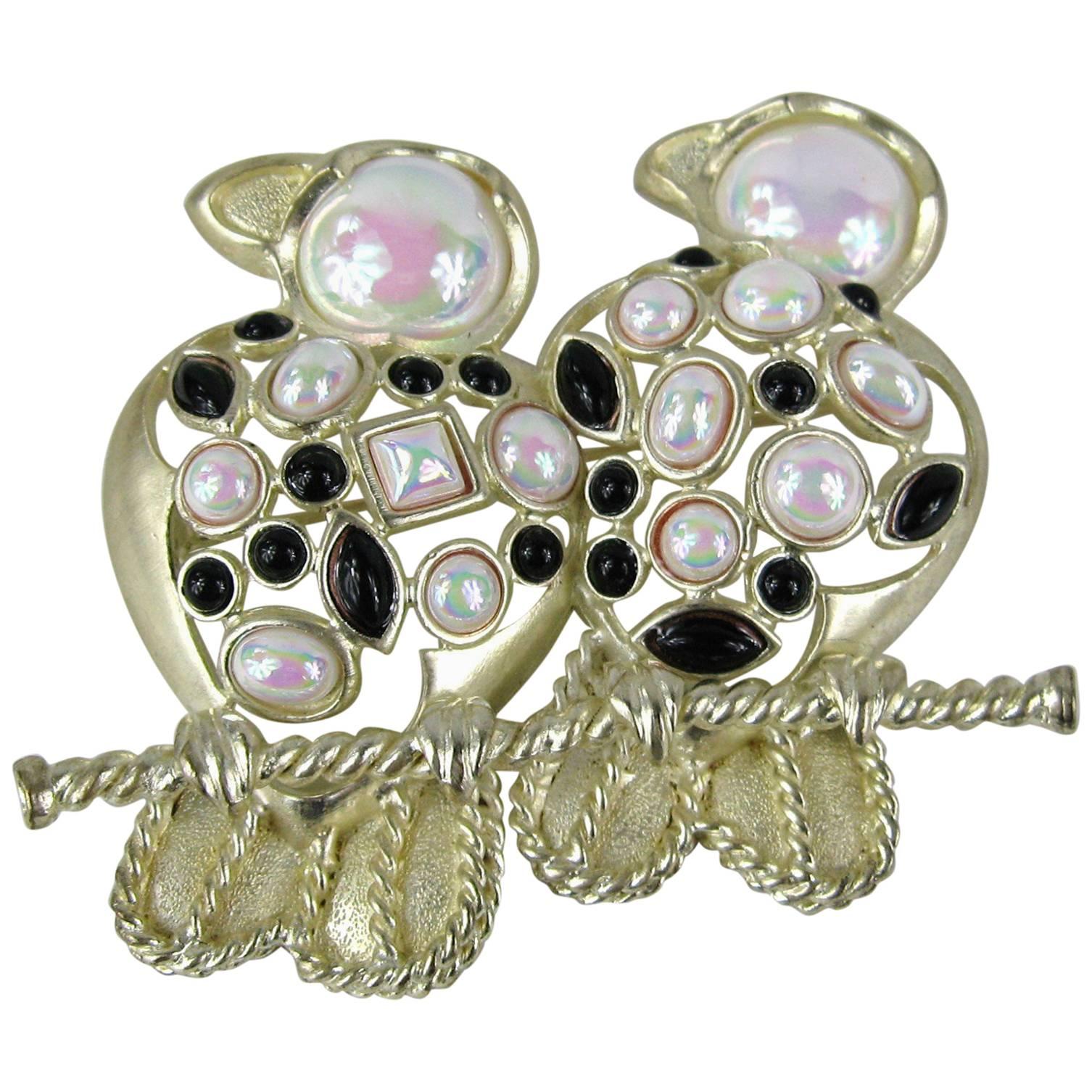 Pearl Love Birds Brooch perched on Branch Pin 1980s For Sale