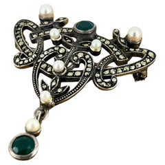 Perle, Marcasite & Smaragd 925 Silber Renaissance Stil Vintage Anhänger / Brosche