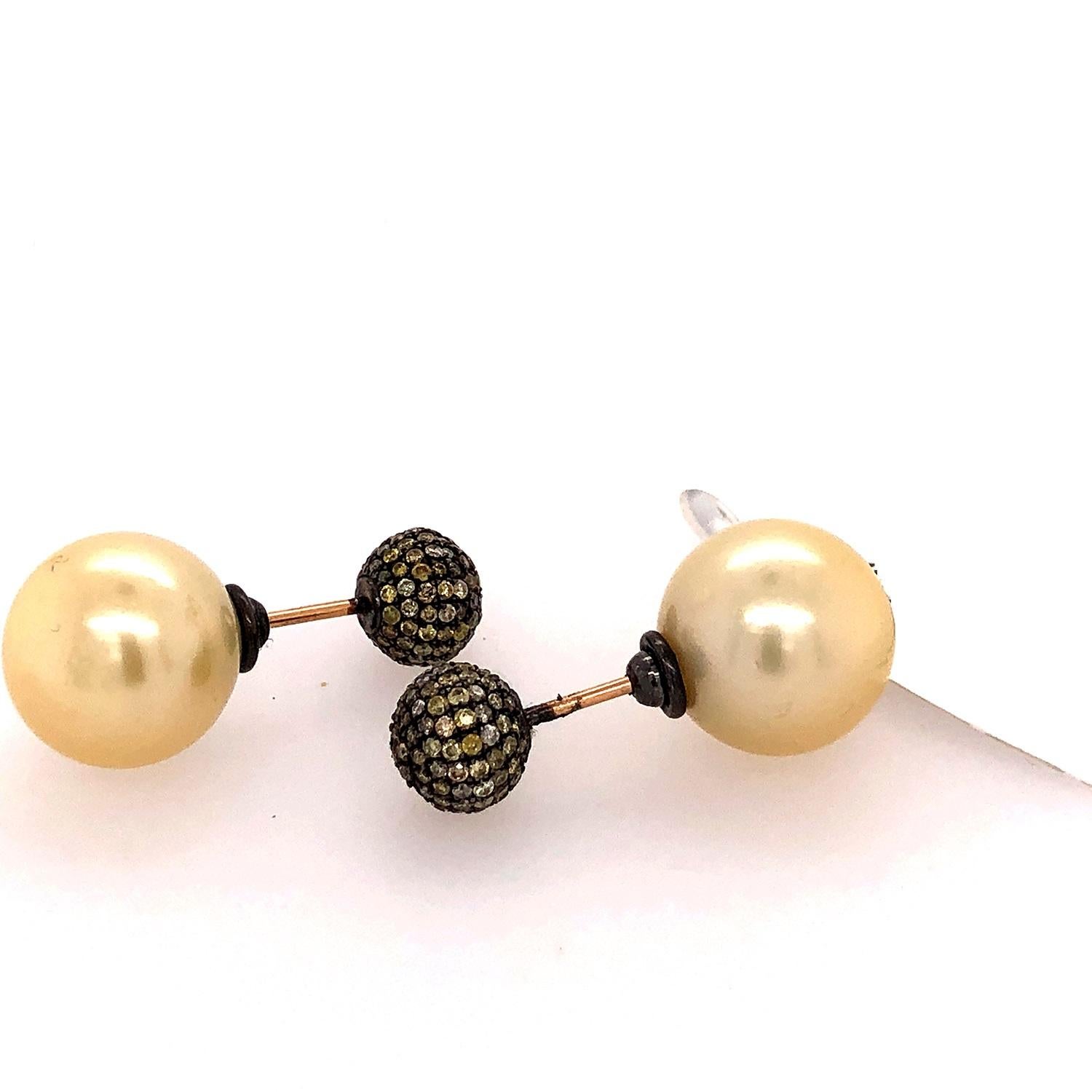 Art Nouveau Pearl & Micro Pave Diamond Ball Tunnel Earring Made in 14k Gold For Sale