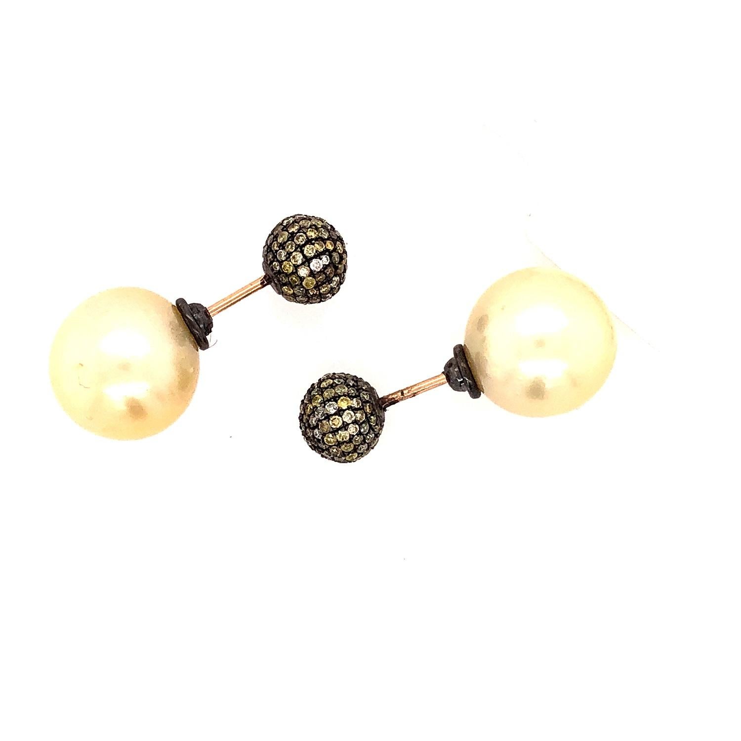 Mixed Cut Pearl & Micro Pave Diamond Ball Tunnel Earring Made in 14k Gold For Sale