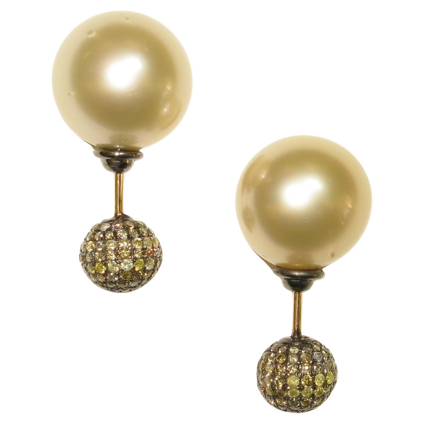 Pearl & Micro Pave Diamond Ball Tunnel Earring Made in 14k Gold For Sale