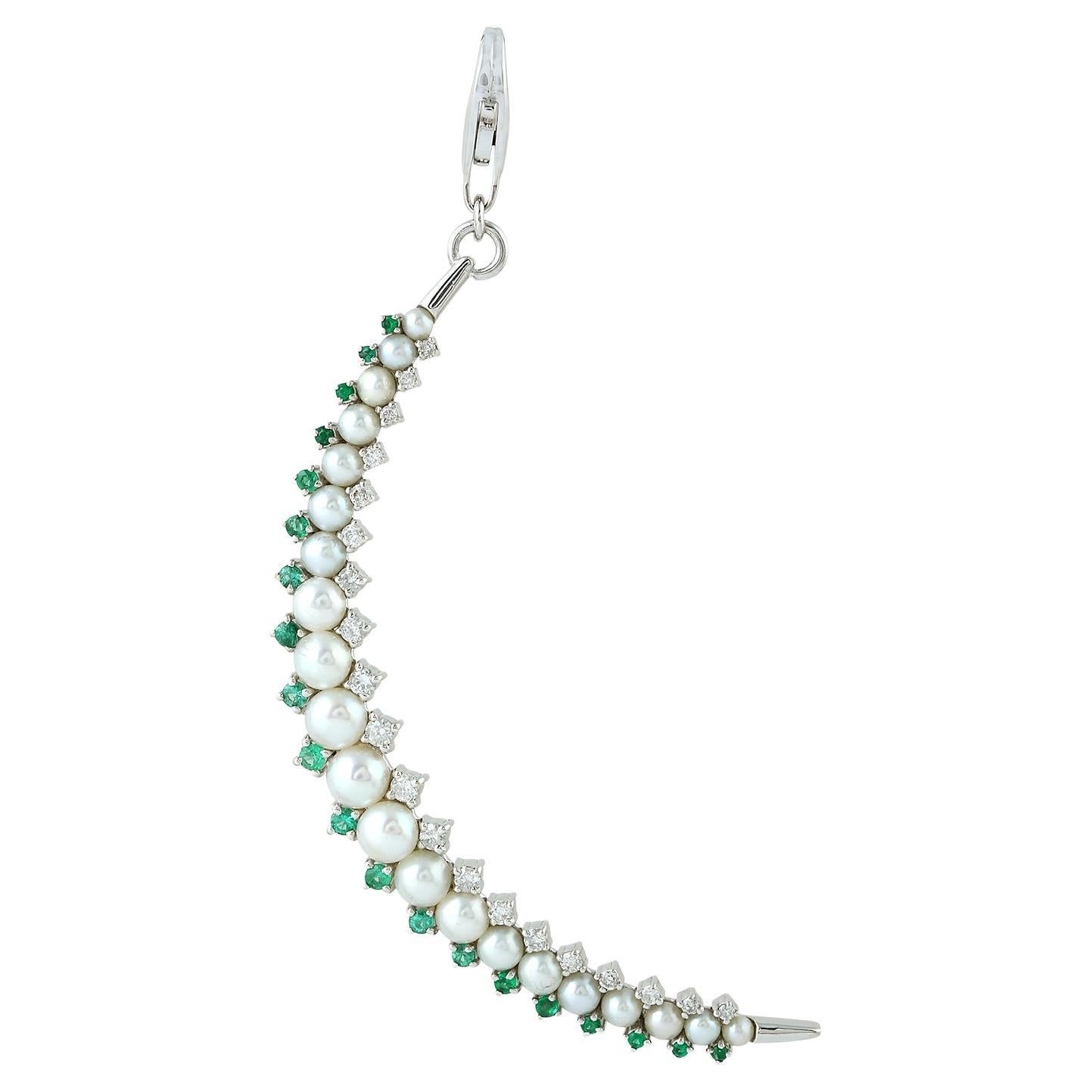 Pearl Moon Crescent Pendant With Emerald & Diamonds Made In 18k White Gold