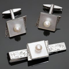 Pearl Mother-of-Pearl Sterling Silver Cufflinks and Tie Clip Set