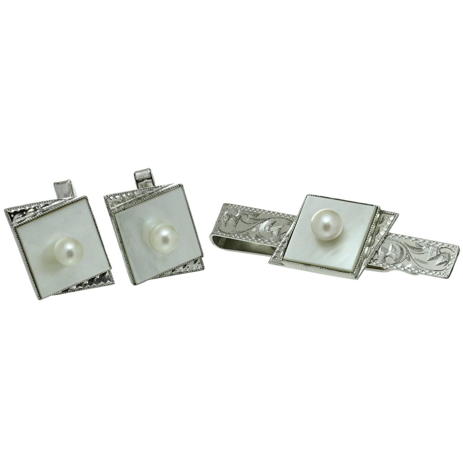 Pearl Mother-of-Pearl Sterling Silver Cufflinks and Tie Clip Set