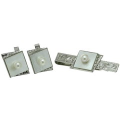 Vintage Pearl Mother-of-Pearl Sterling Silver Cufflinks and Tie Clip Set