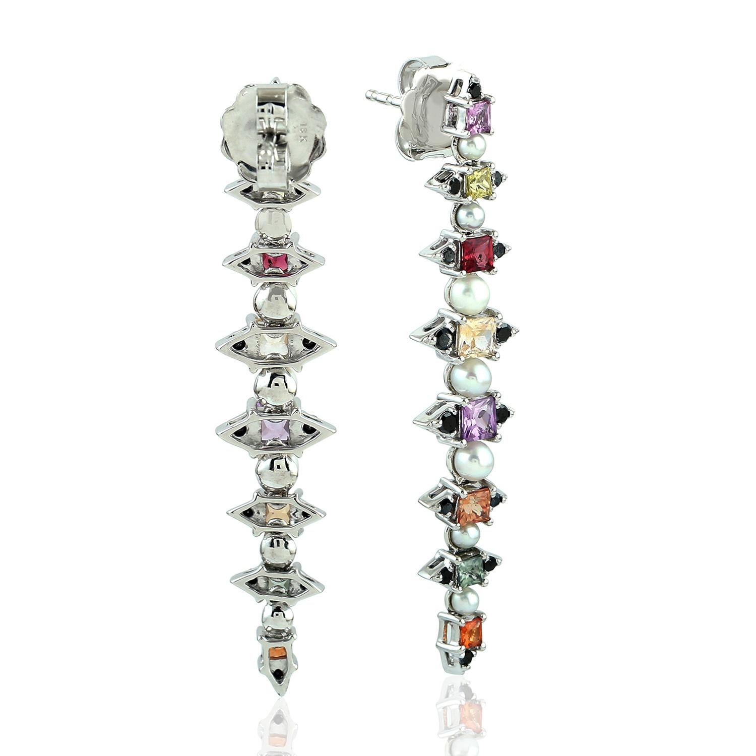 Mixed Cut Pearl & Multi Sapphire Long Earrings with Diamonds Made in 18k Gold For Sale