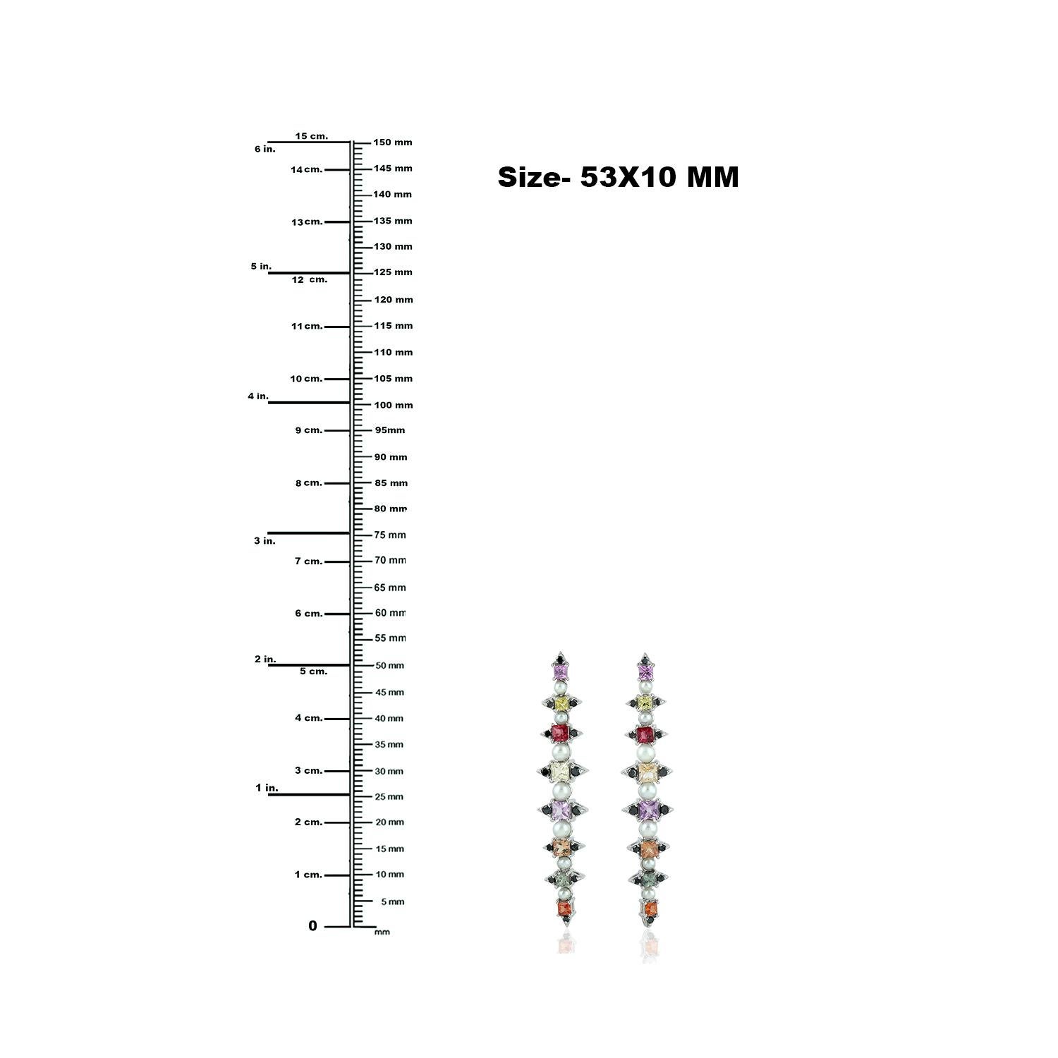 Pearl & Multi Sapphire Long Earrings with Diamonds Made in 18k Gold In New Condition For Sale In New York, NY