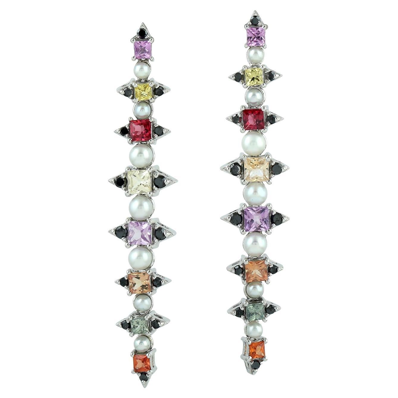 Pearl & Multi Sapphire Long Earrings with Diamonds Made in 18k Gold