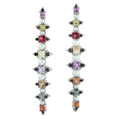Pearl & Multi Sapphire Long Earrings with Diamonds Made in 18k Gold