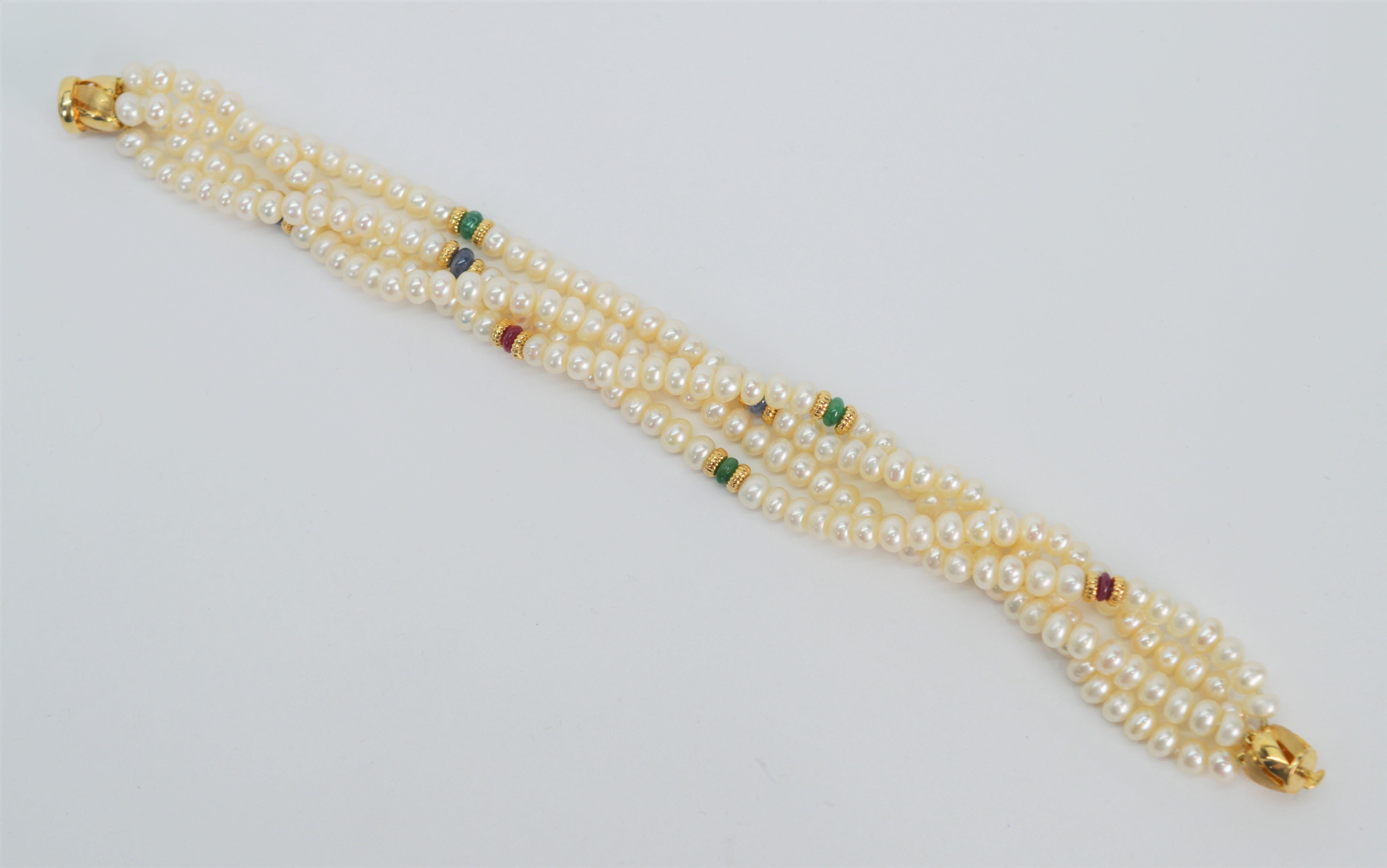 Bead Pearl Multi-Strand Twist Bracelet W Gemstone Accents
