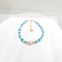 Pearl & Natural Sleeping Beauty Turquoise Bracelet in 925 Sterling Silver 16.5cm