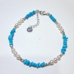 Pearl & Natural Sleeping Beauty Turquoise Bracelet in 925 Sterling Silver – 17cm