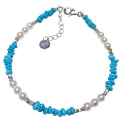 Pearl & Natural Sleeping Beauty Turquoise Bracelet in 925 Sterling Silver – 17cm