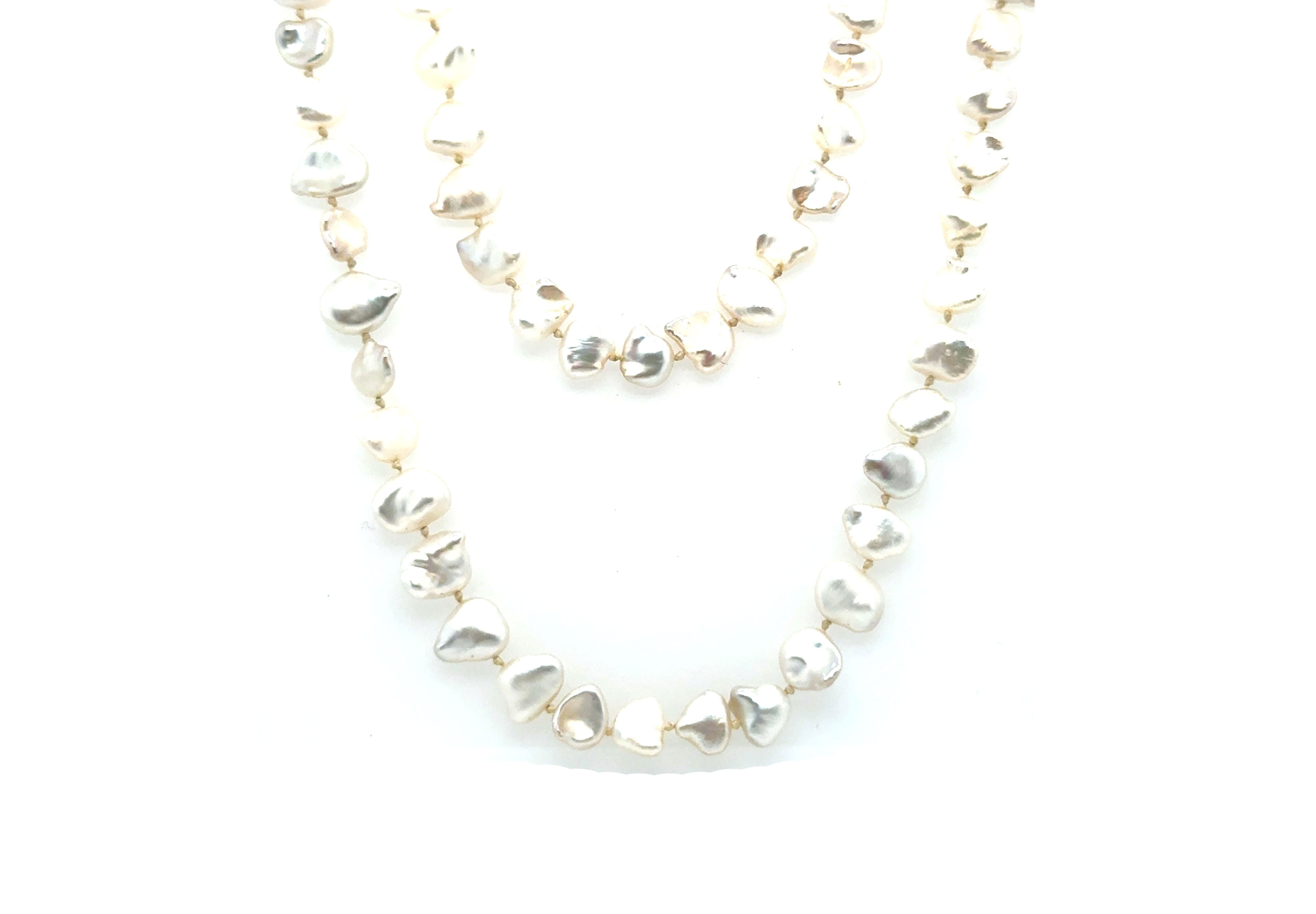 Pearl Necklace 40 Inch Strand of Pearls 7.5-8mm Rice Pearls 14K Yellow Gold