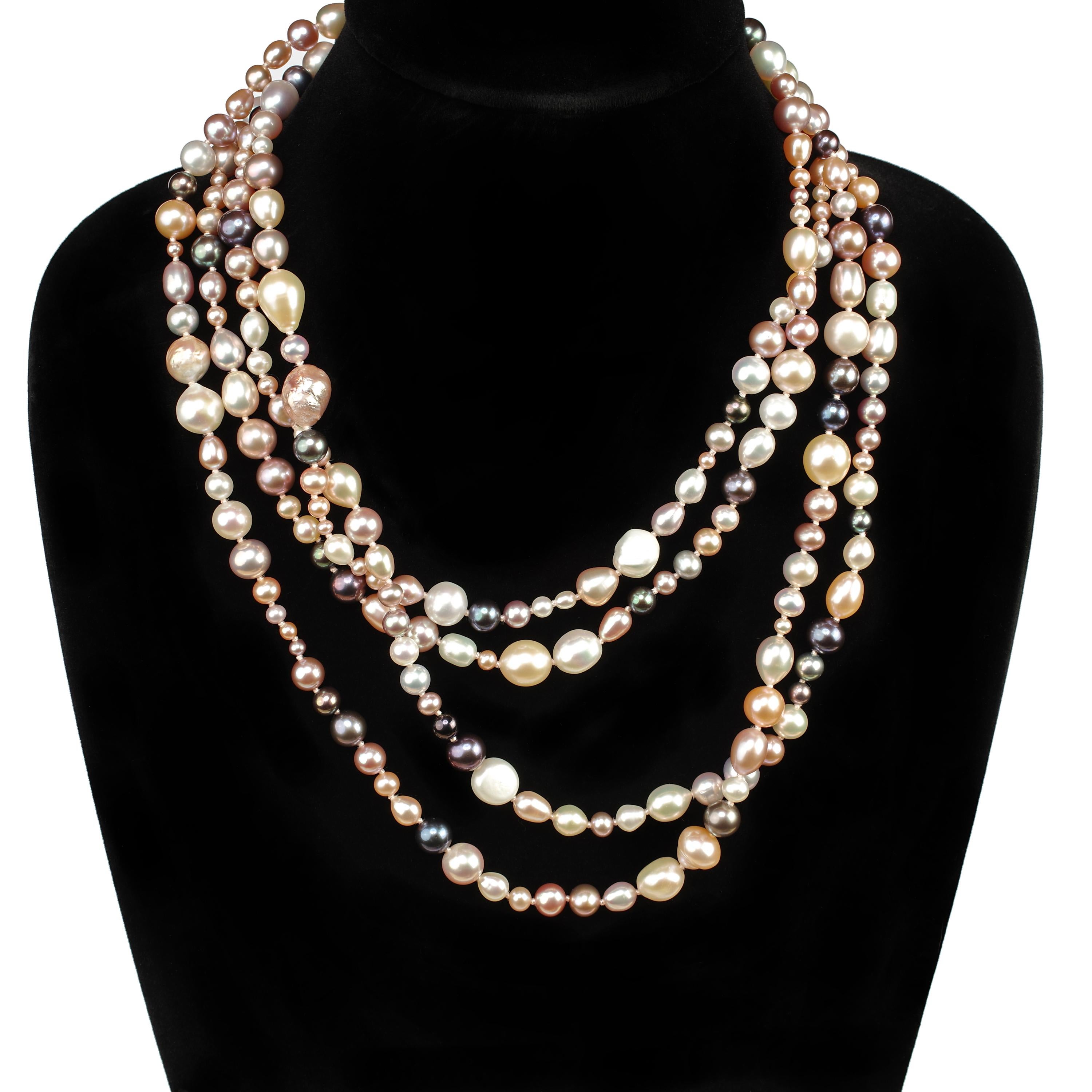 This is a dramatically spectacular and insanely, luxuriously long (over 7 foot) strand of naturally-colored cultured freshwater pearls from China. The 270 brilliantly luminous, gorgeous pearls present a spectrum of the amazing colors Chinese