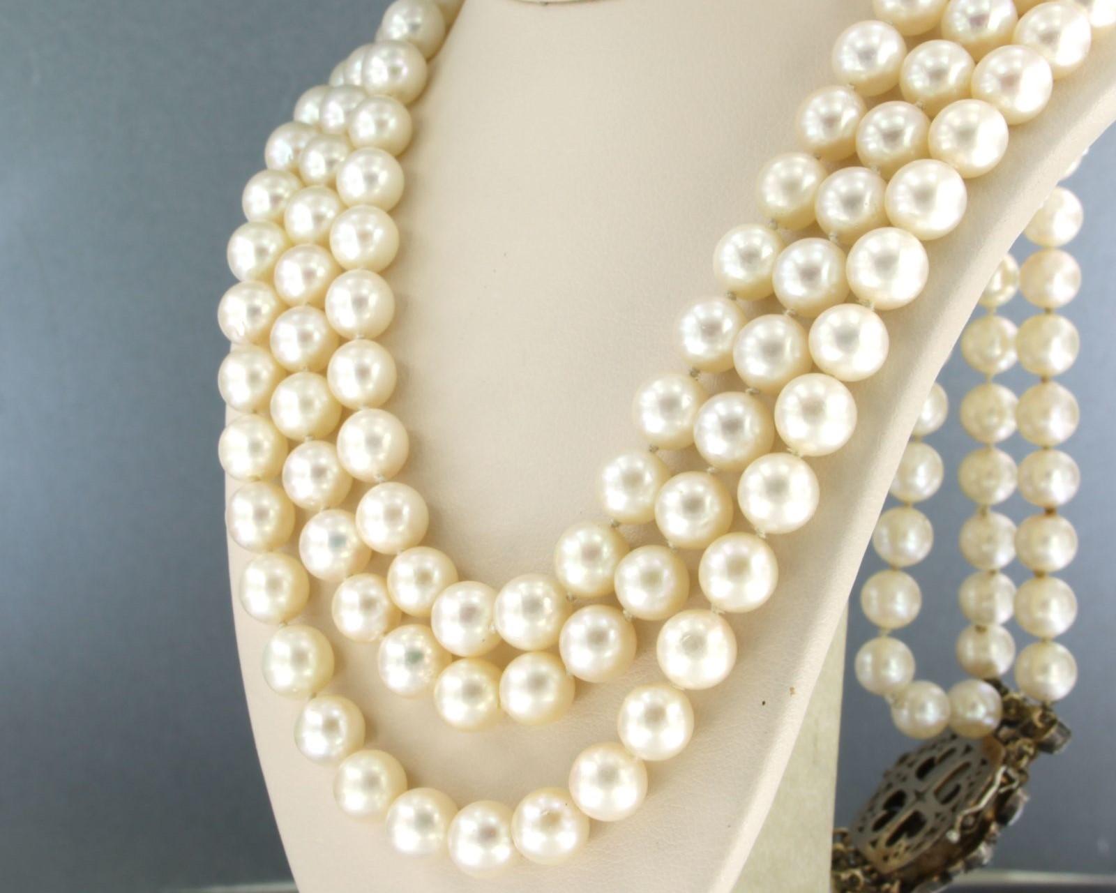 Primo vittoriano Collana di perle e fermagli con smeraldo e diamante taglio rosa in oro e argento 14k in vendita