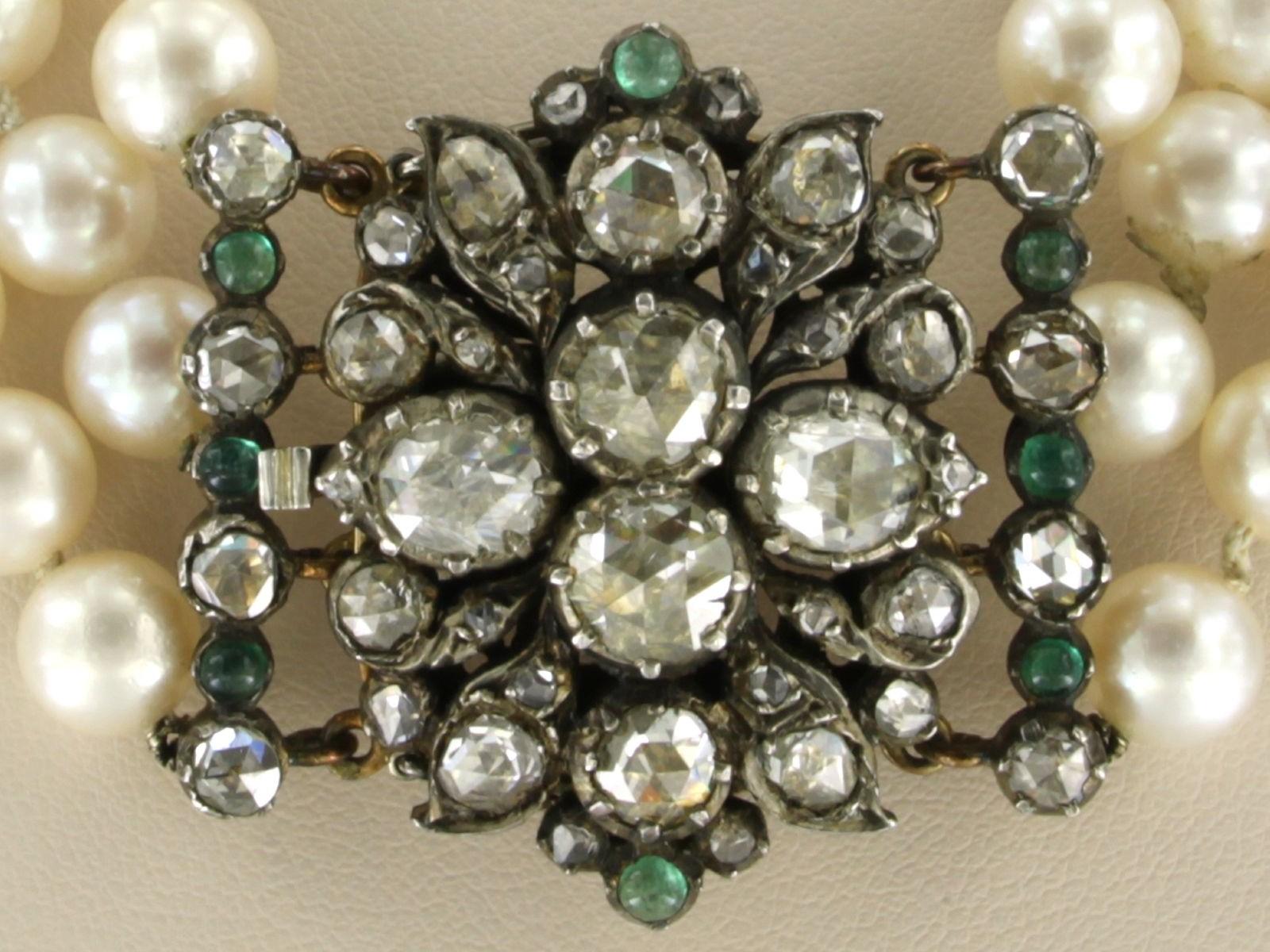 Collana di perle e fermagli con smeraldo e diamante taglio rosa in oro e argento 14k In condizioni ottime in vendita a The Hague, ZH