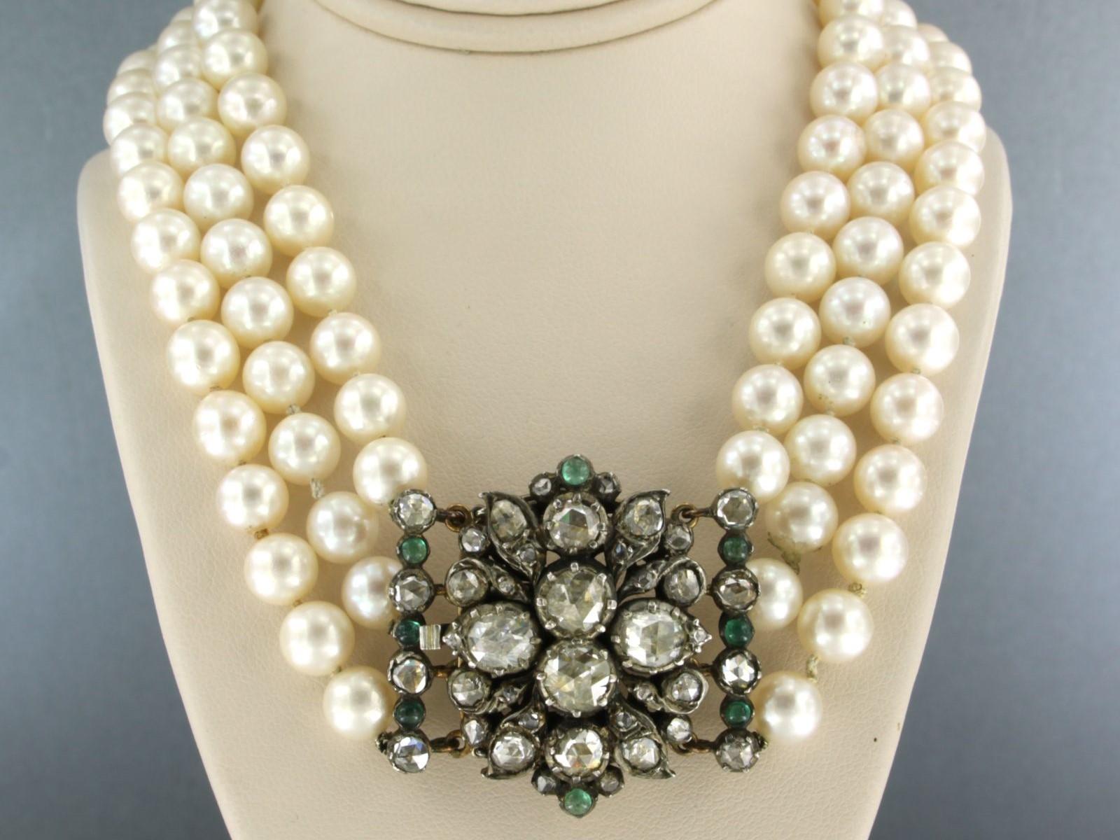Donna Collana di perle e fermagli con smeraldo e diamante taglio rosa in oro e argento 14k in vendita