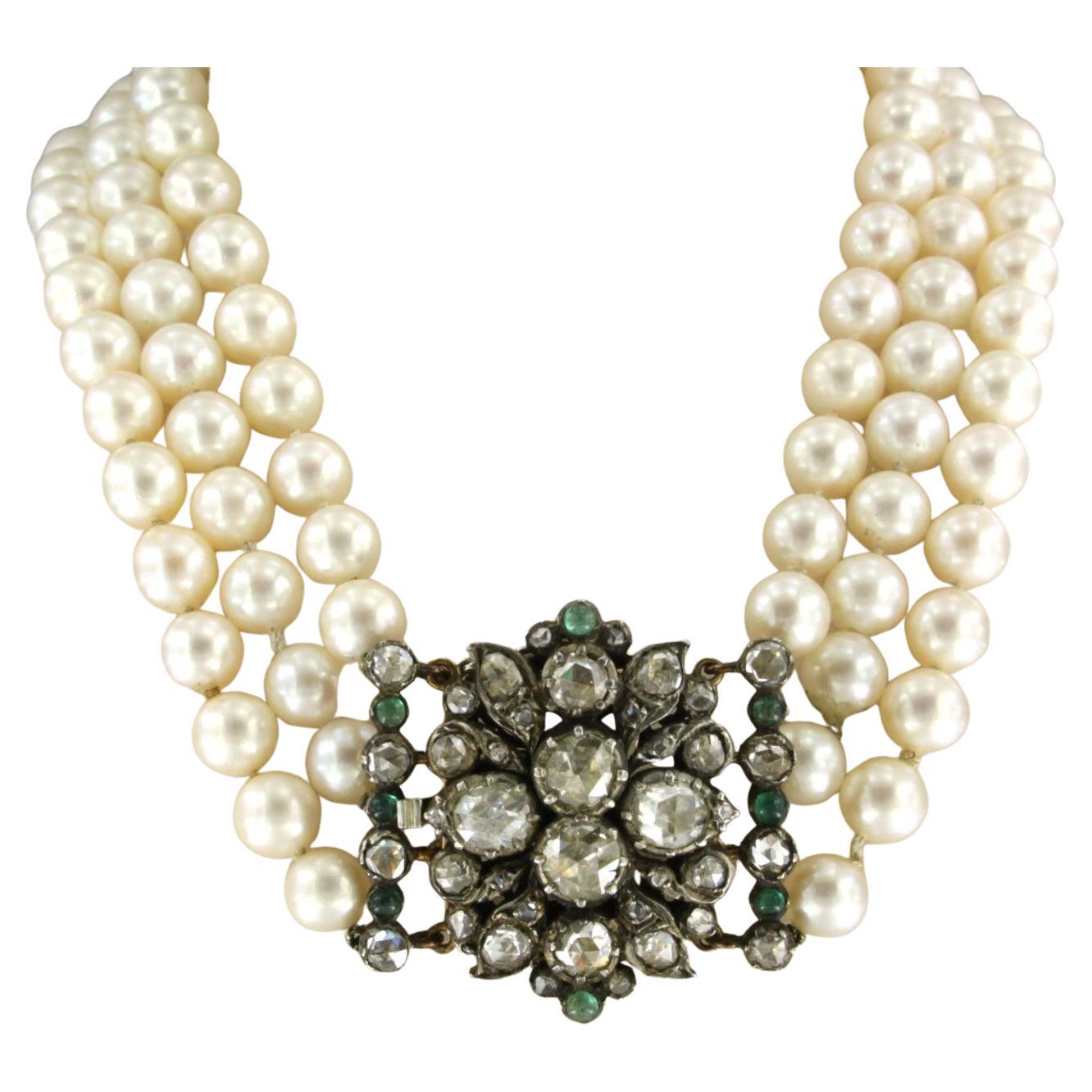 Pearl necklace and claps with emerald and rose cut diamond 14k gold and silver