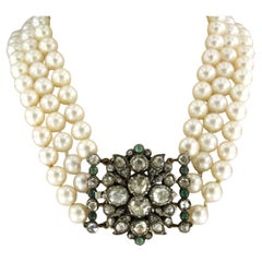 Pearl necklace and claps with emerald and rose cut diamond 14k gold and silver