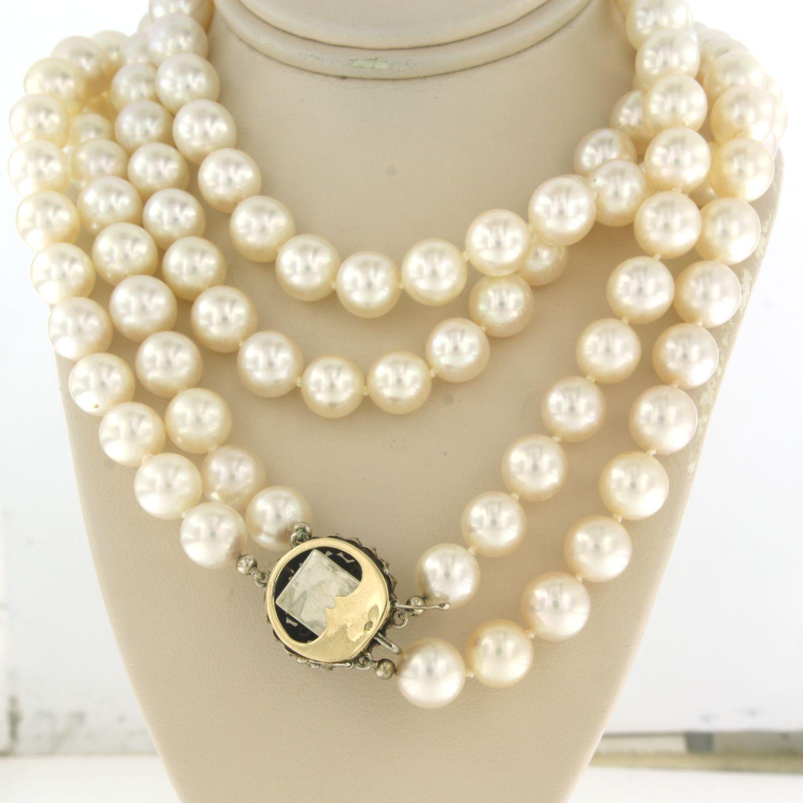 Women's Pearl necklace and lock with pearl and diamonds up to.0.40ct 14k gold and silver For Sale