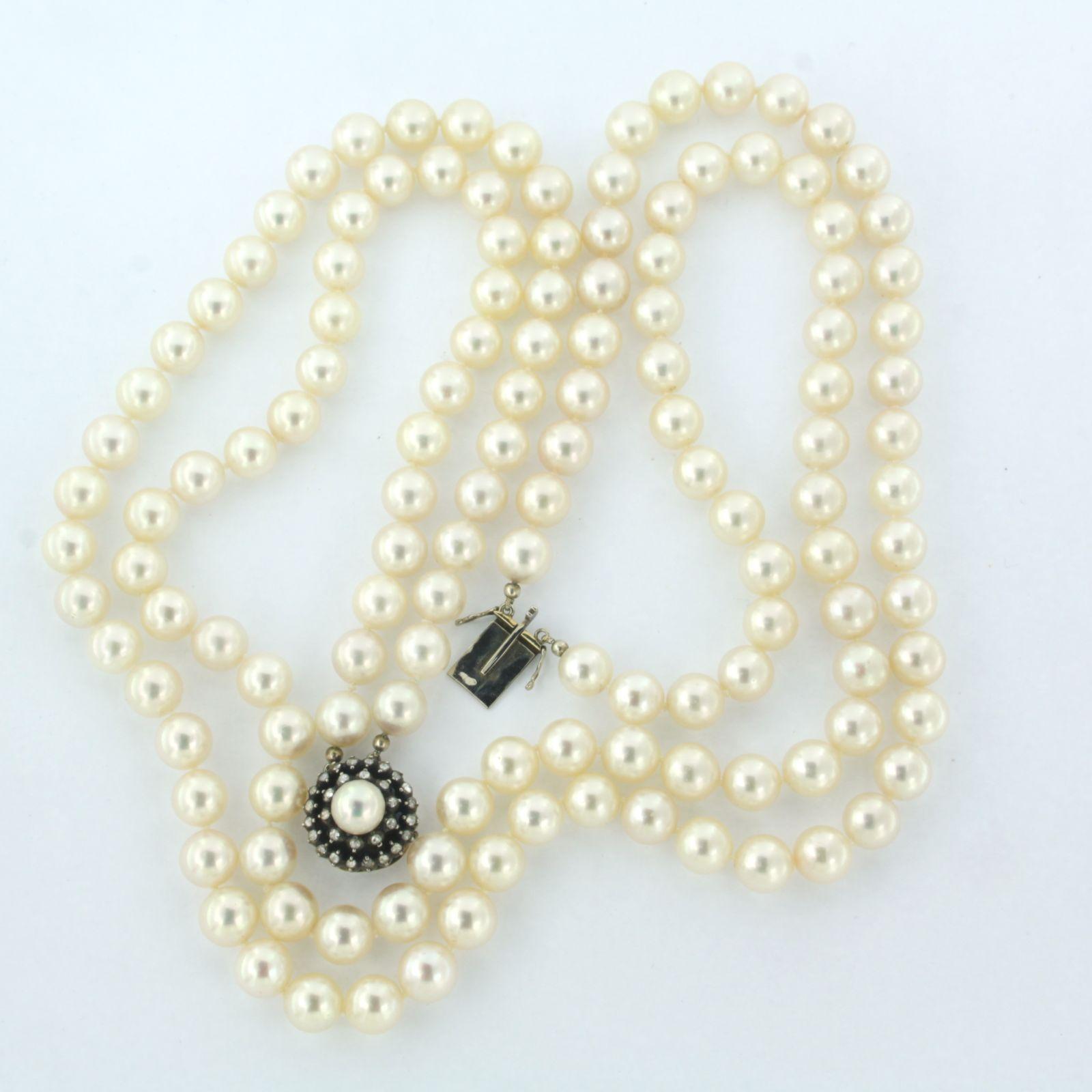 Perlenkette und Verschluss mit Perlen und Perlenbesatz mit Perlen und Diamanten bis zu 0,40 Karat 14k Gold und Silber im Angebot 2