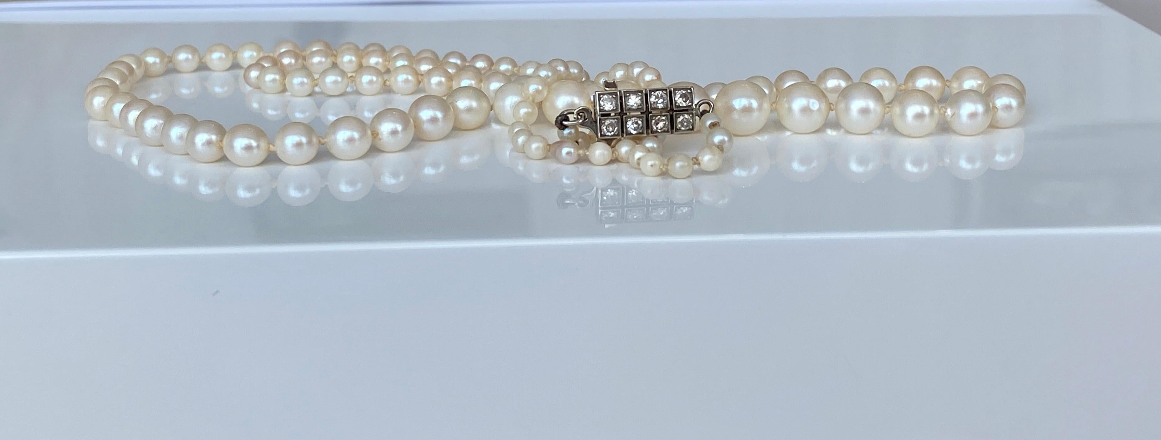 Old Mine Cut Pearl Necklace Art Deco Circa 1940s Cultured Akoya Pearls Diamond/Gold Clasp  For Sale