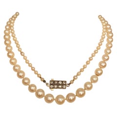 Pearl Necklace Art Deco Circa 1940s Cultured Akoya Pearls Diamond/Gold Clasp