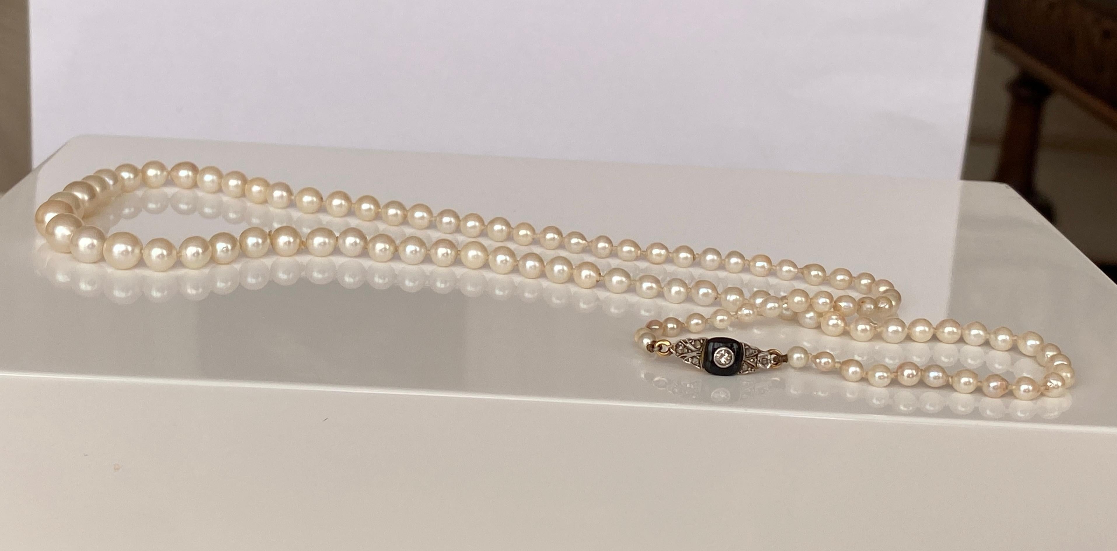 Women's Pearl Necklace Art Deco Circa 1940s Cultured Akoya Pearls Diamond/Onyx Clasp 