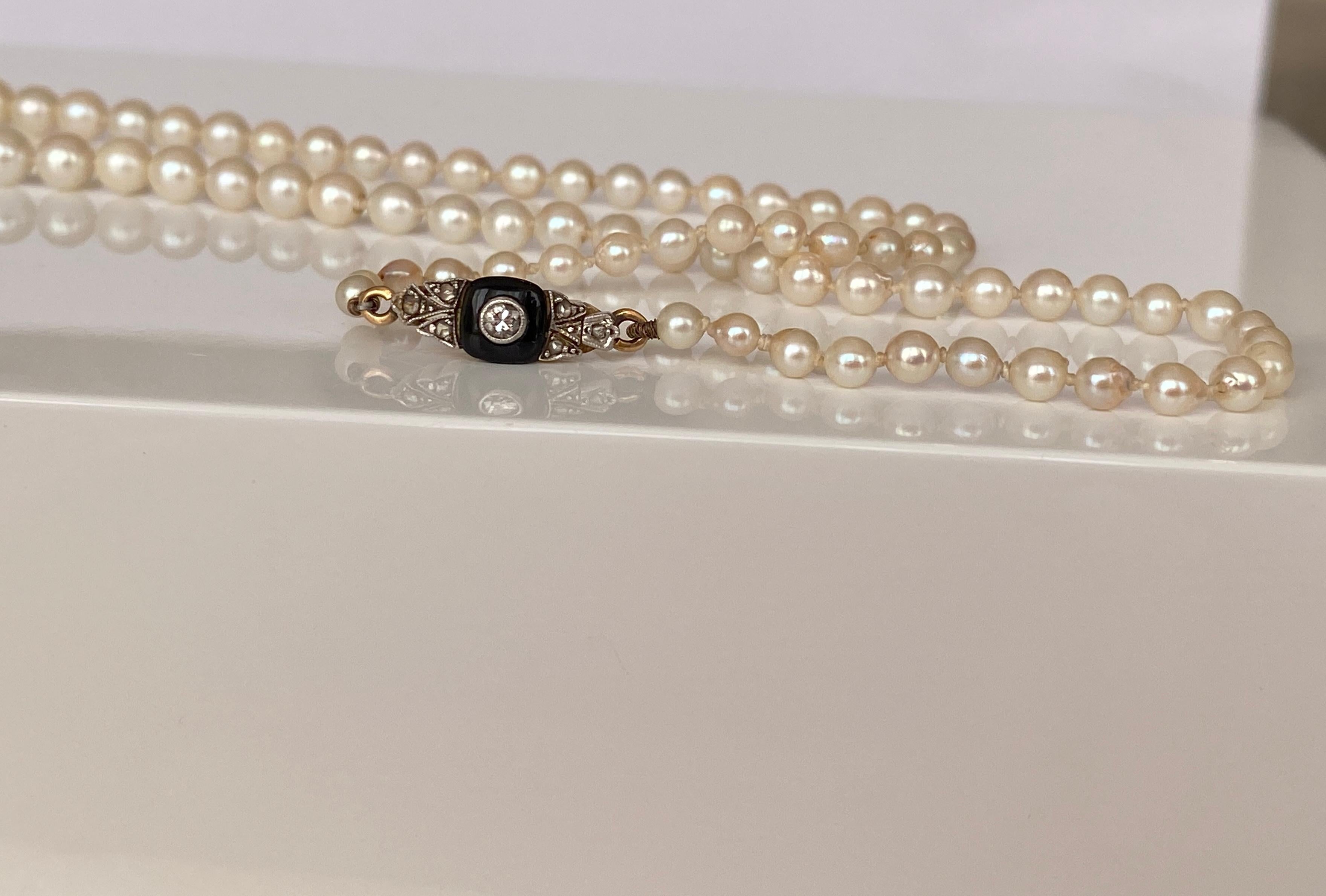 Pearl Necklace Art Deco Circa 1940s Cultured Akoya Pearls Diamond/Onyx Clasp  1