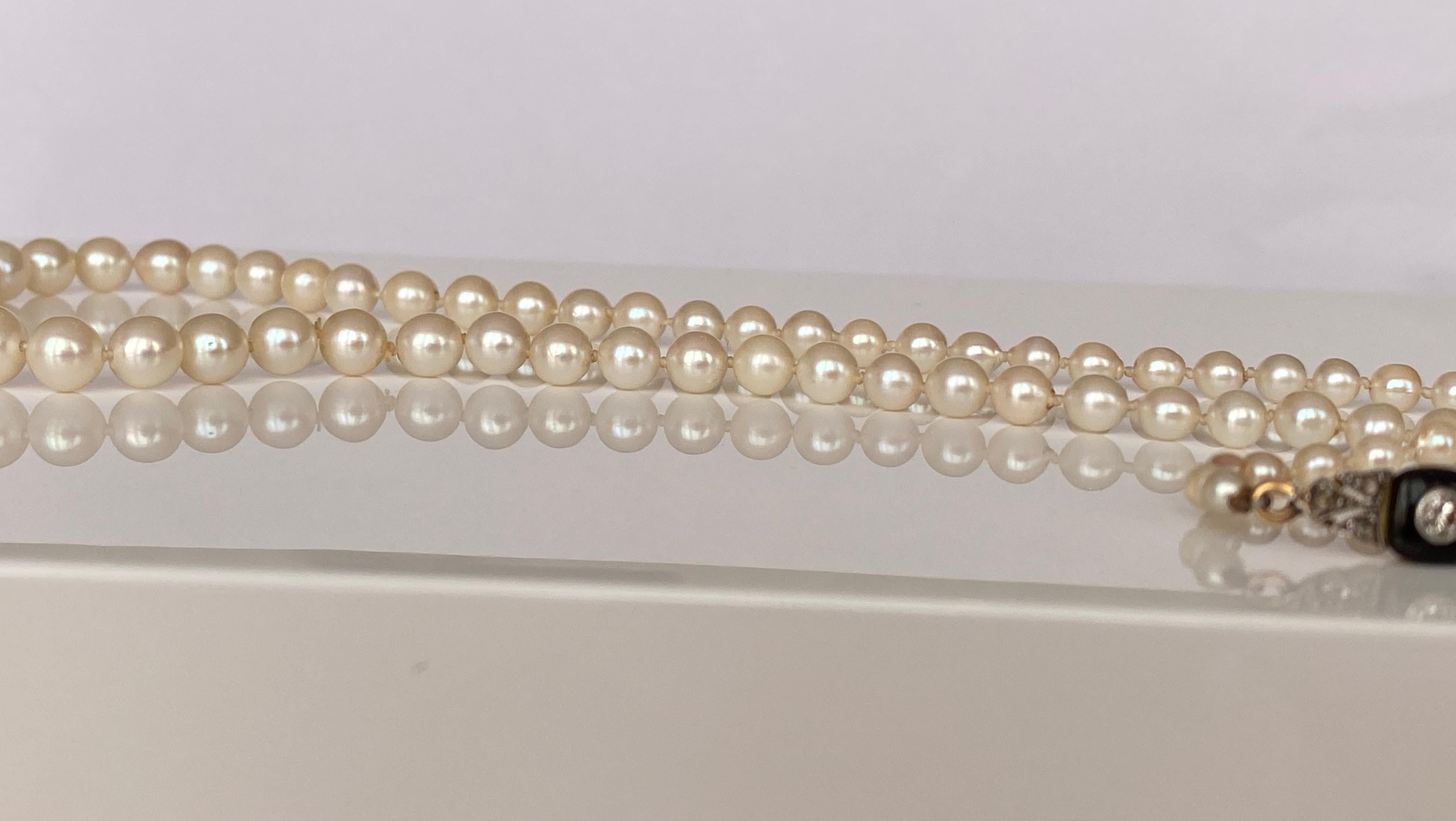 Pearl Necklace Art Deco Circa 1940s Cultured Akoya Pearls Diamond/Onyx Clasp  2