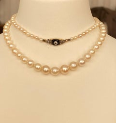 Pearl Necklace Art Deco Circa 1940s Cultured Akoya Pearls Diamond/Onyx Clasp 