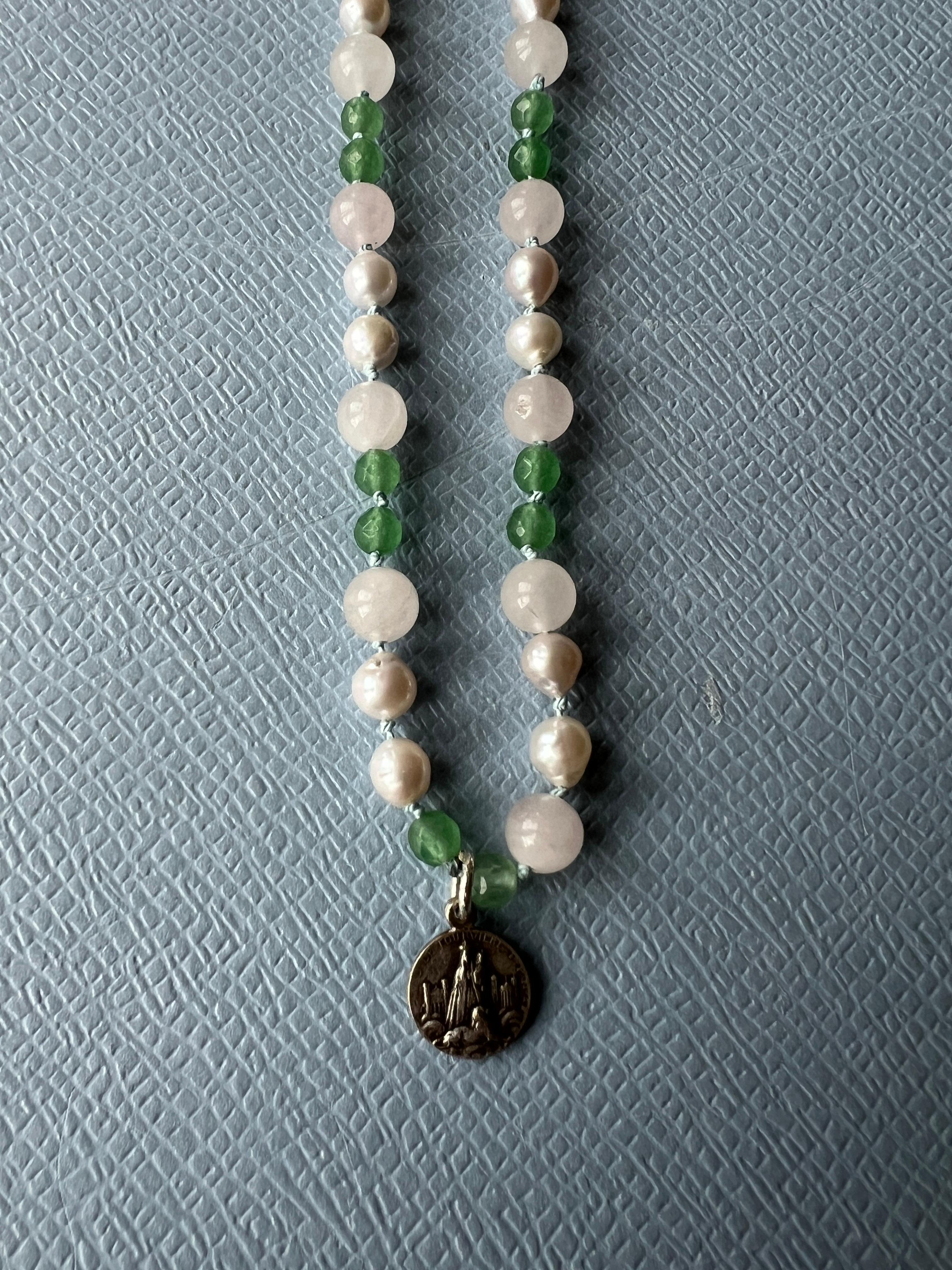 Contemporary Pearl Necklace Rose Quartz Chrysoprase Vintage Medal J Dauphin For Sale